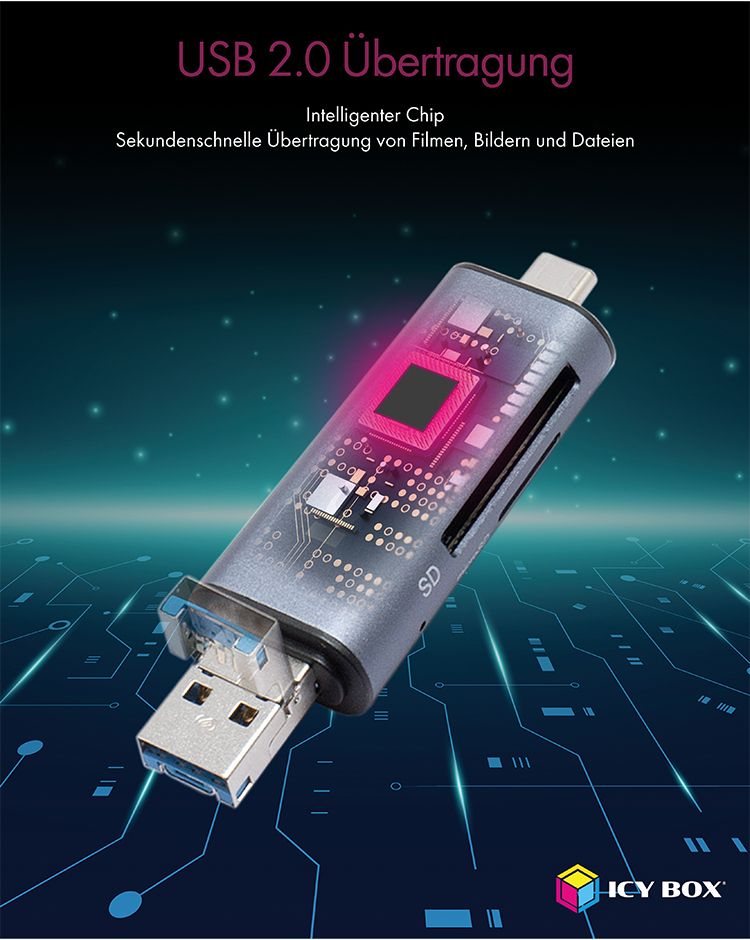 Adapter IcyBox ext. Kartenleser USB/microUSB/USB-C > SD/mSD retail