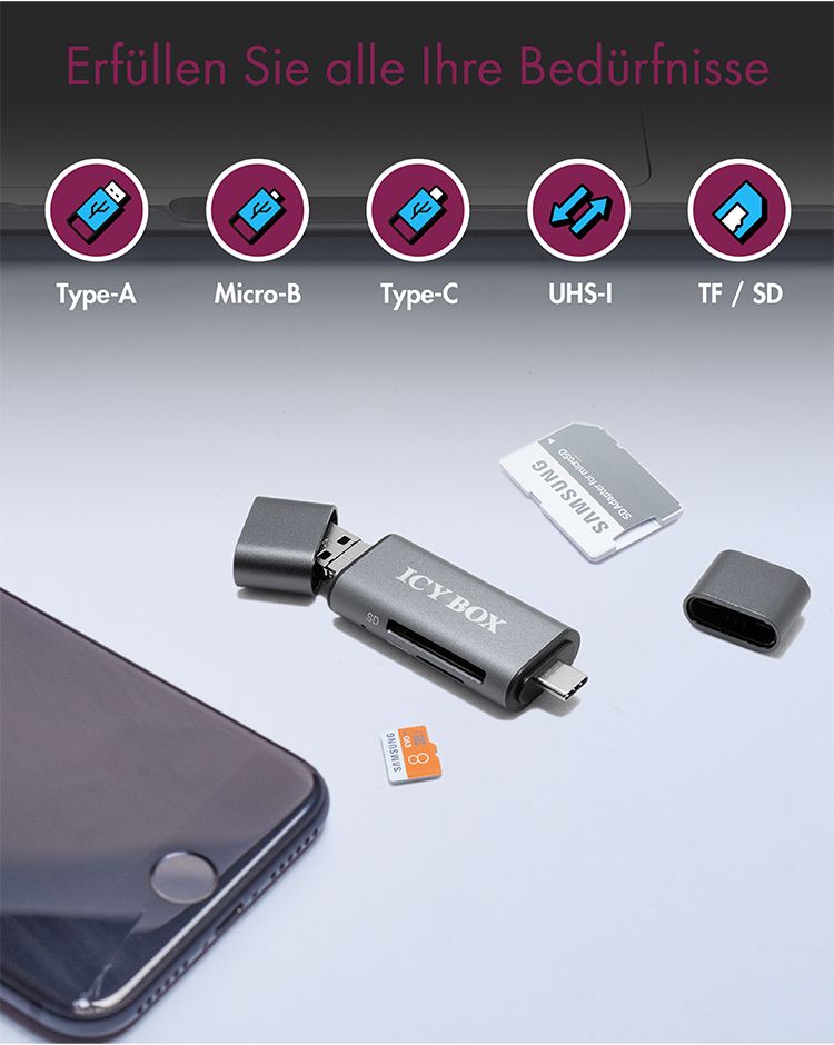 Adapter IcyBox ext. Kartenleser USB/microUSB/USB-C > SD/mSD retail