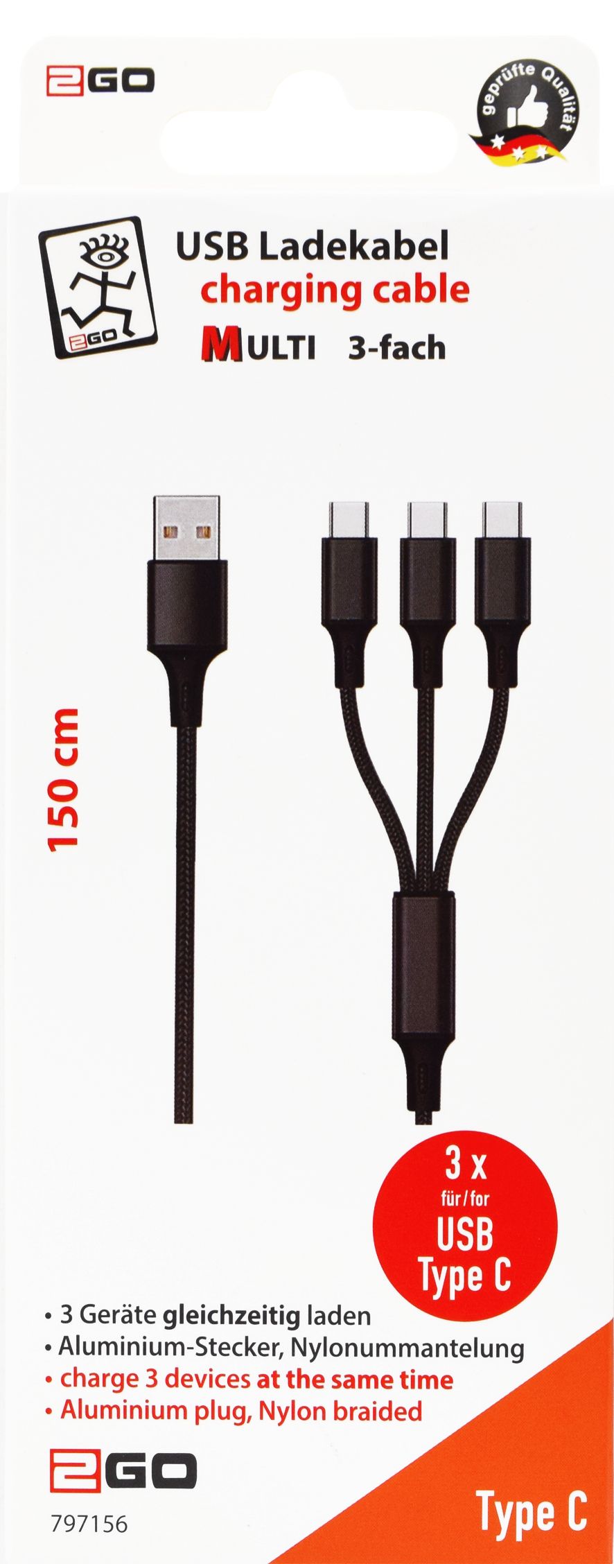 2GO 3in1 USB Ladekabel USB Type-C Nylon  1,5m   schwarz