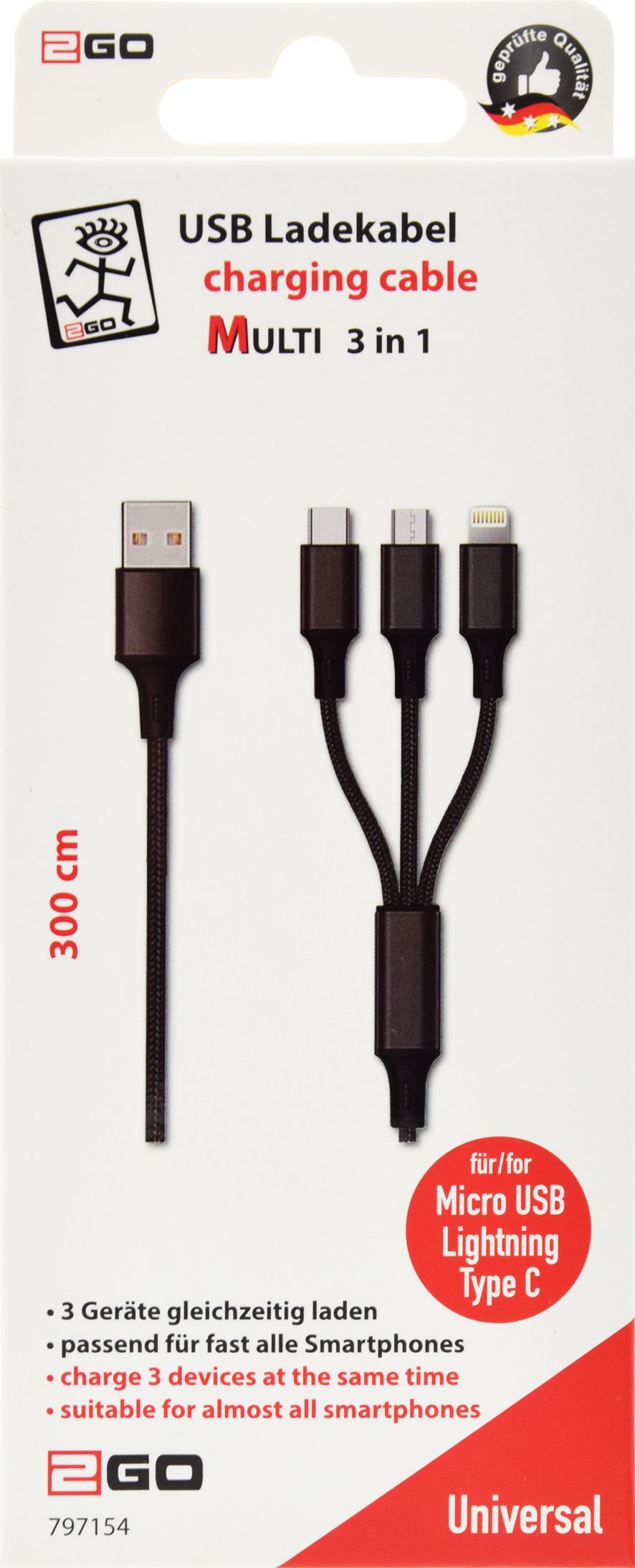 2GO 3in1 USB Ladekabel Micro-USB,Lightn.,USB-C Nylon 3m sw