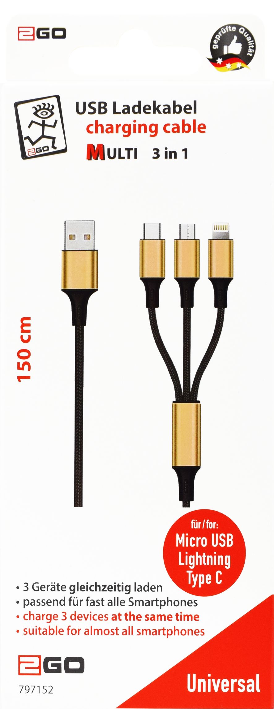2GO 3in1 USB Ladekabel Micro-USB,Apple,TypeC Nylon 1,5m gold