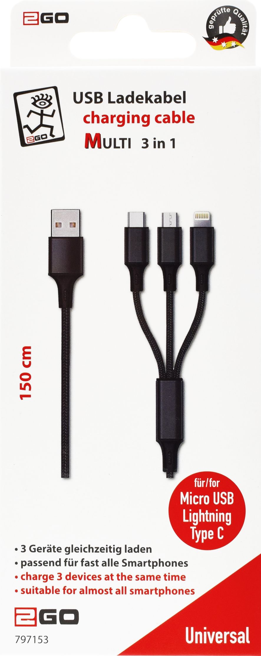 2GO 3in1 USB Ladekabel Micro-USB,Apple,TypeC Nylon 1,5m  sw