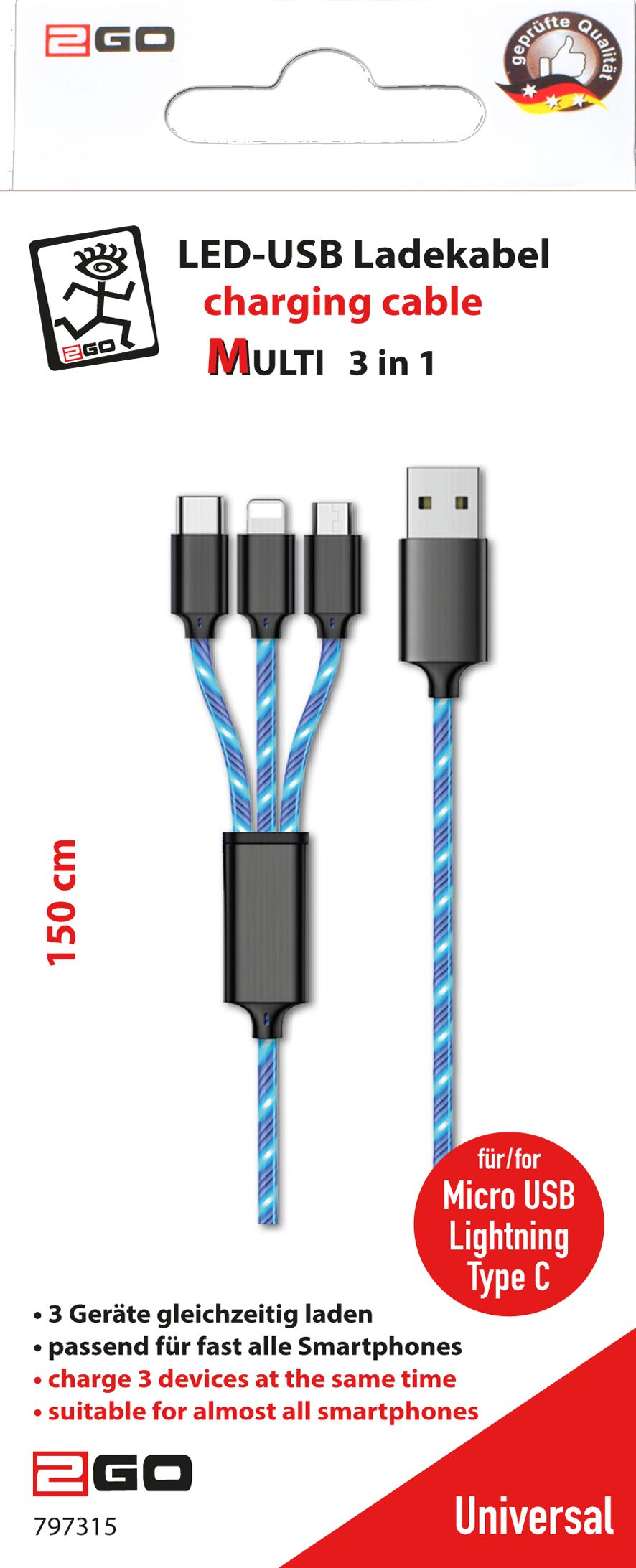 2GO 3in1 USB LED Kabel blau Micro-USB,Lightning,USB-C 1,5m