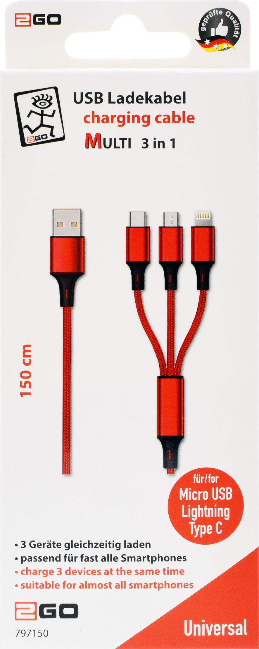 2GO 3in1 USB Ladekabel Micro-USB,Apple,TypeC Nylon 1,5m rot