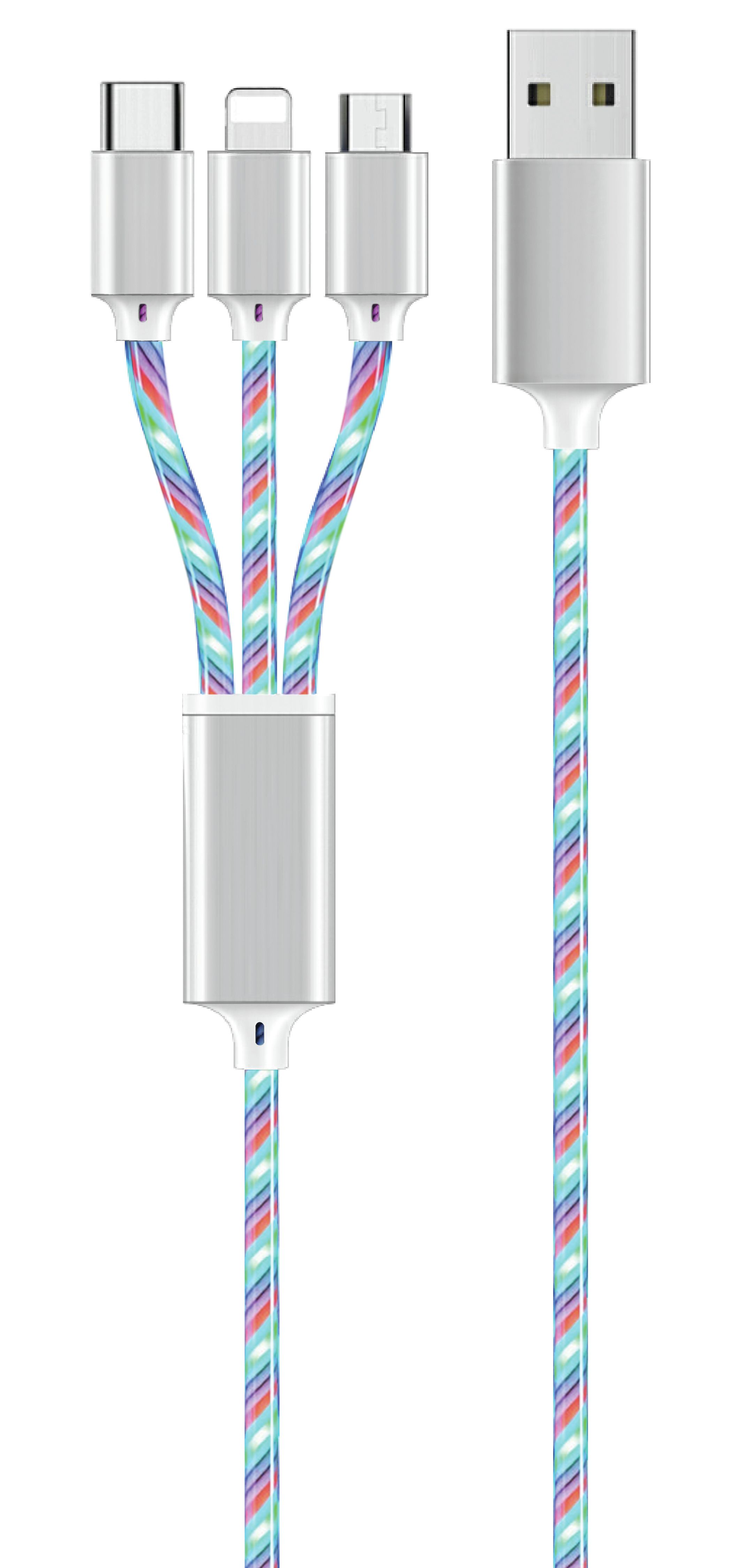 2GO 3in1 USB LED Kabel blau Micro-USB,Lightning,USB-C 1m