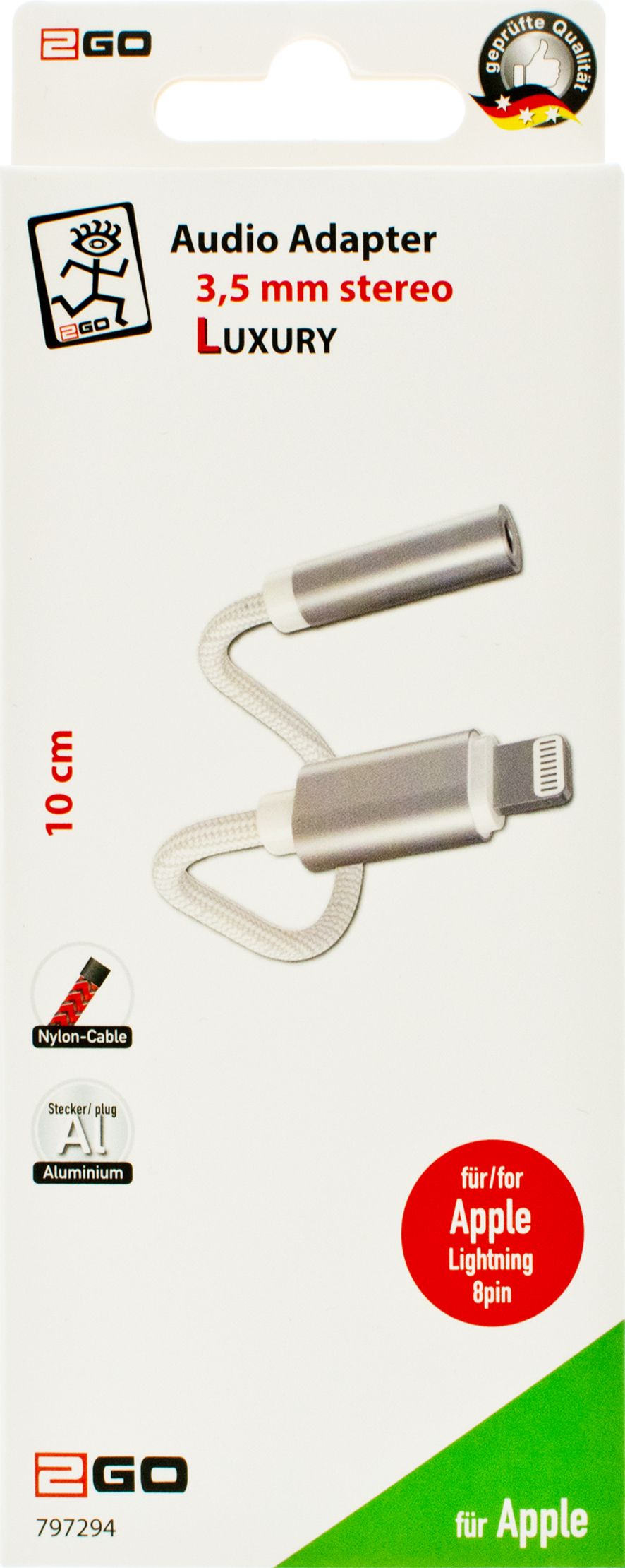 2GO Audio Adapter "Luxury" Stereo Lightning 10cm  weiß