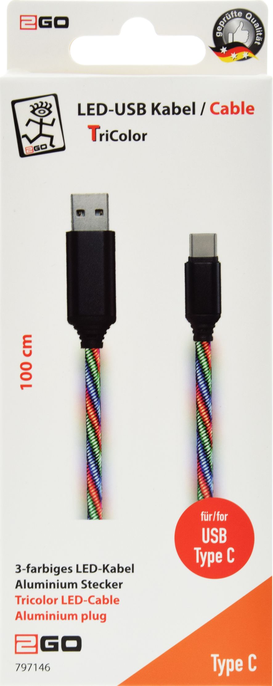 2GO USB Datenkabel "Tricolor" LED-Beleucht. USB-C 3.1  1m