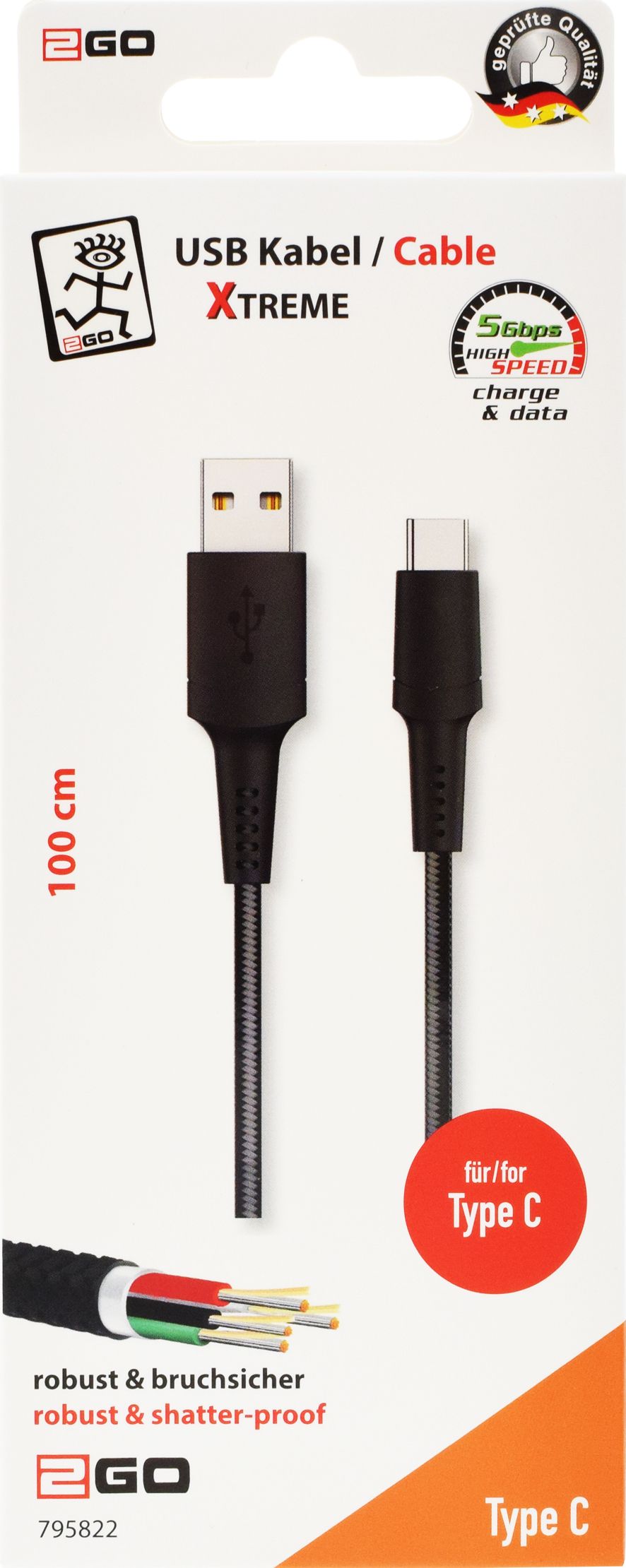 2GO USB Lade-/Datenkabel "Xtreme" USB Type C 3.1  1m schwarz