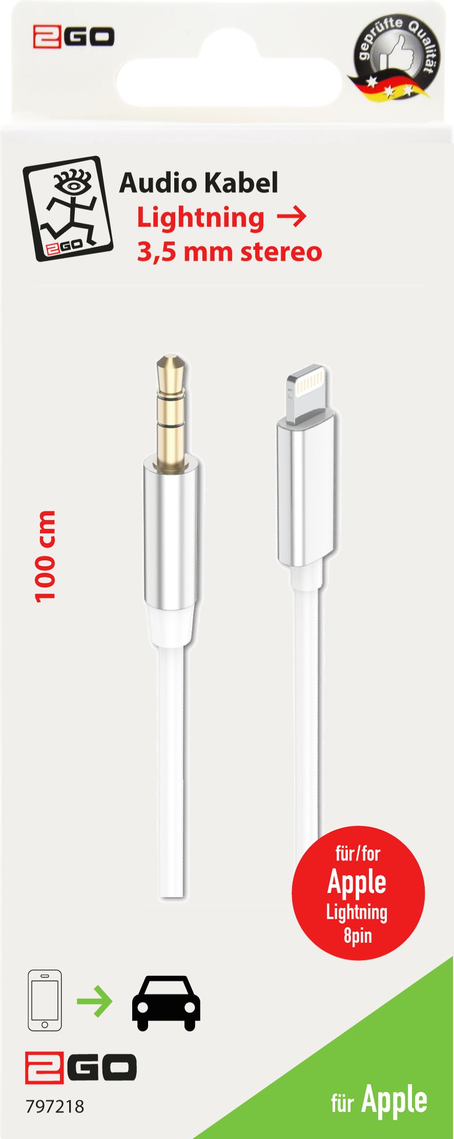 2GO AUX/MP3 Audiokabel für Lightning-Geräte 100cm  weiß