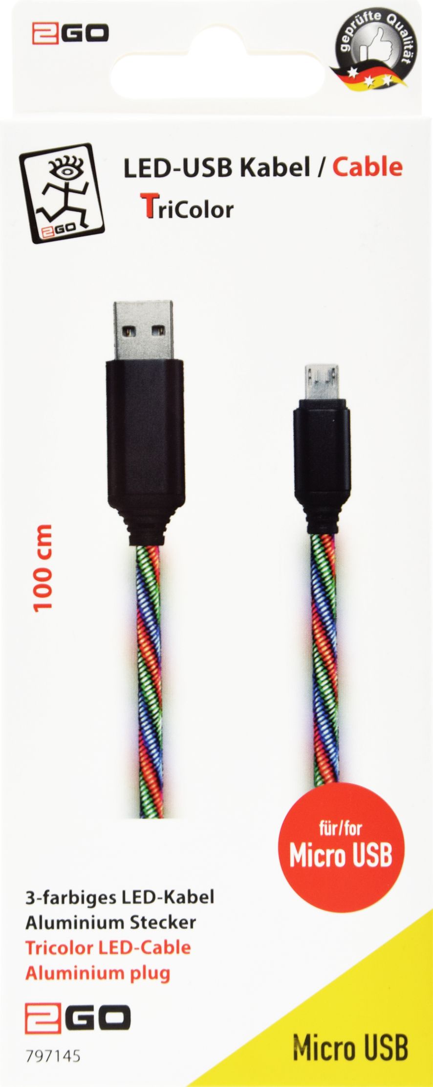 2GO USB Datenkabel "Tricolor" LED-Beleucht. Micro USB 1m