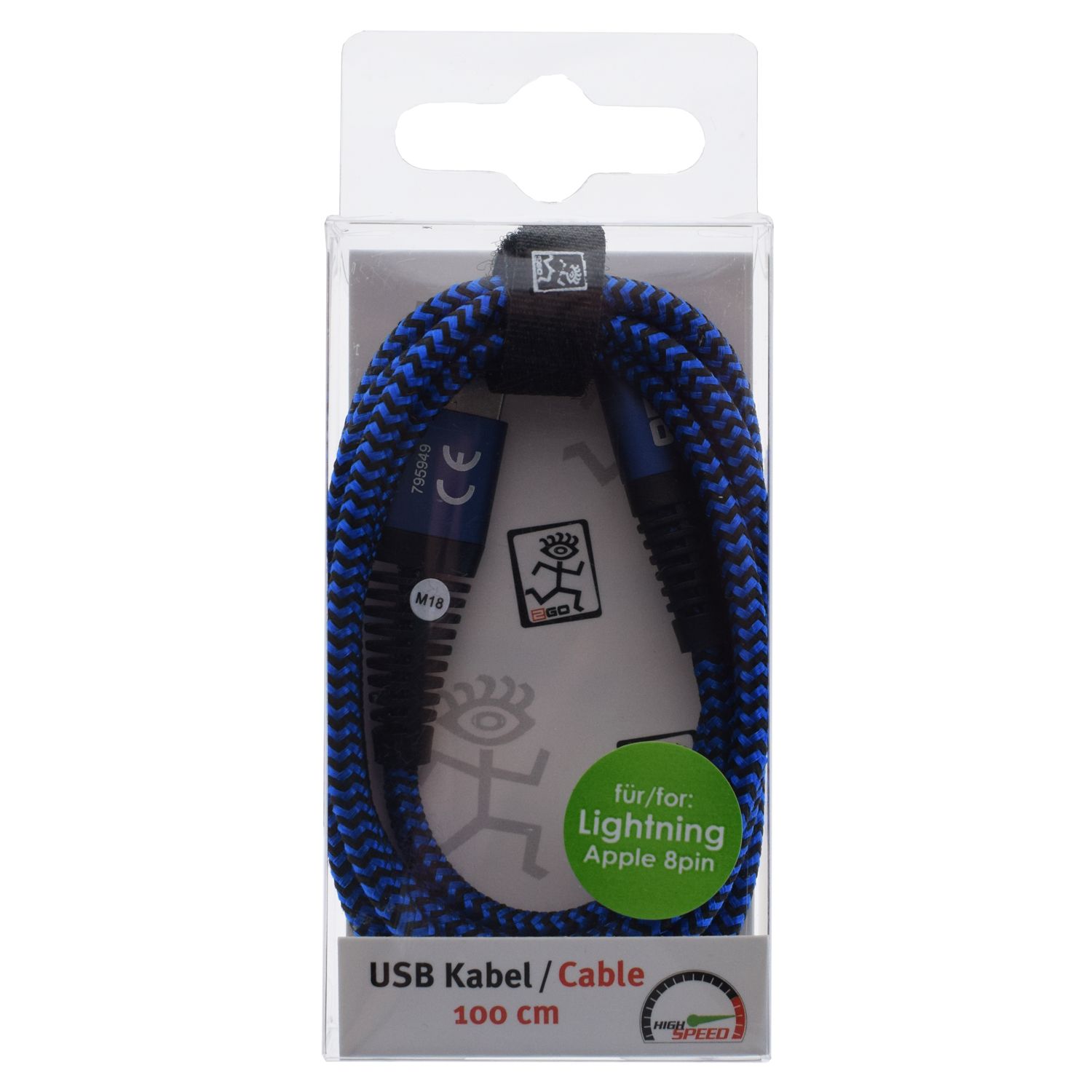 2GO USB Lade-/Datenkabel Lightning  1m  Nylon blau PET-Verp.