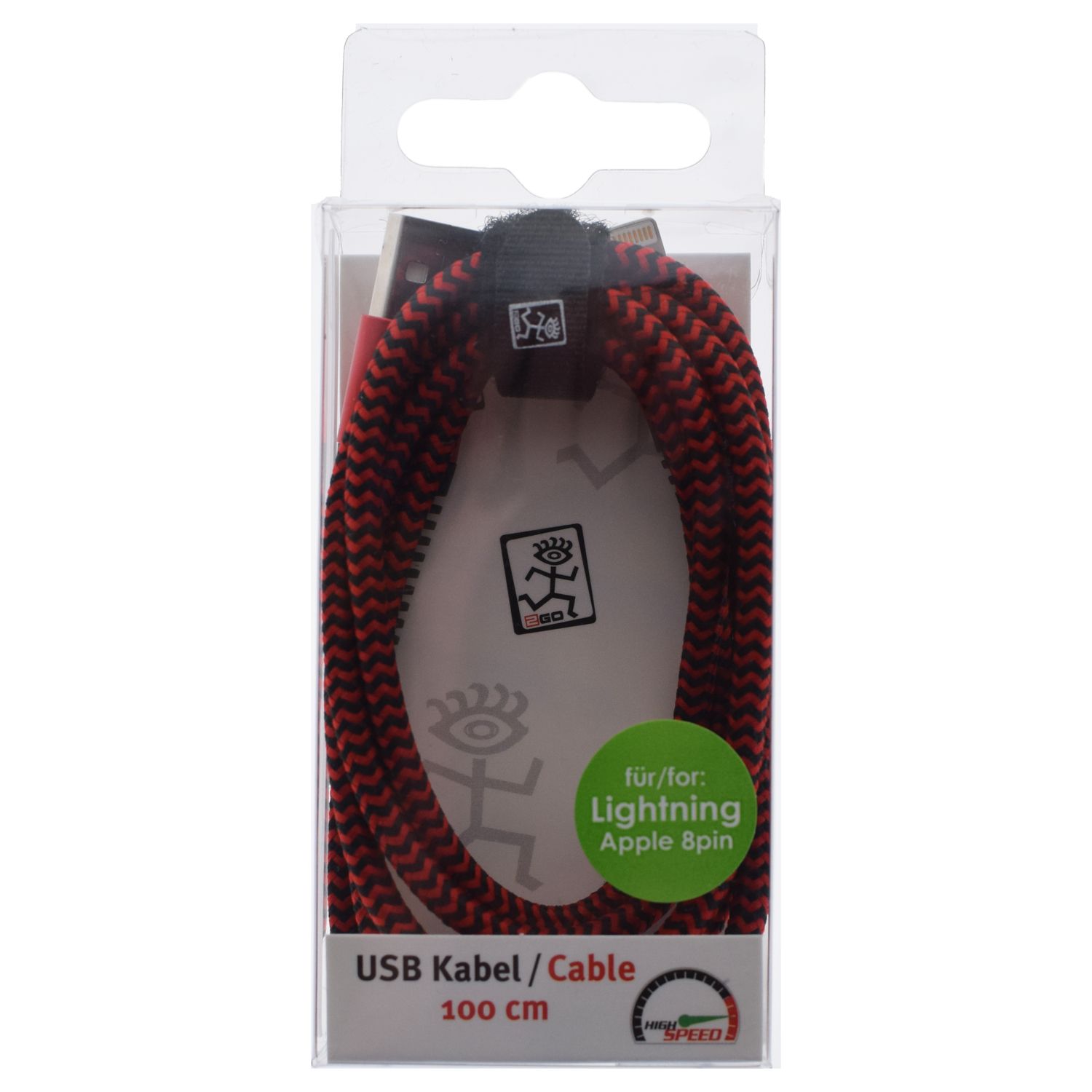 2GO USB Lade-/Datenkabel Lightning   1m  Nylon rot PET-Verp.
