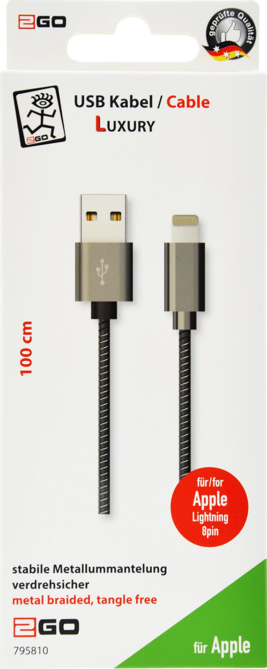 2GO USB Lade-/Datenkabel "Luxury" Lighting   1m Metall