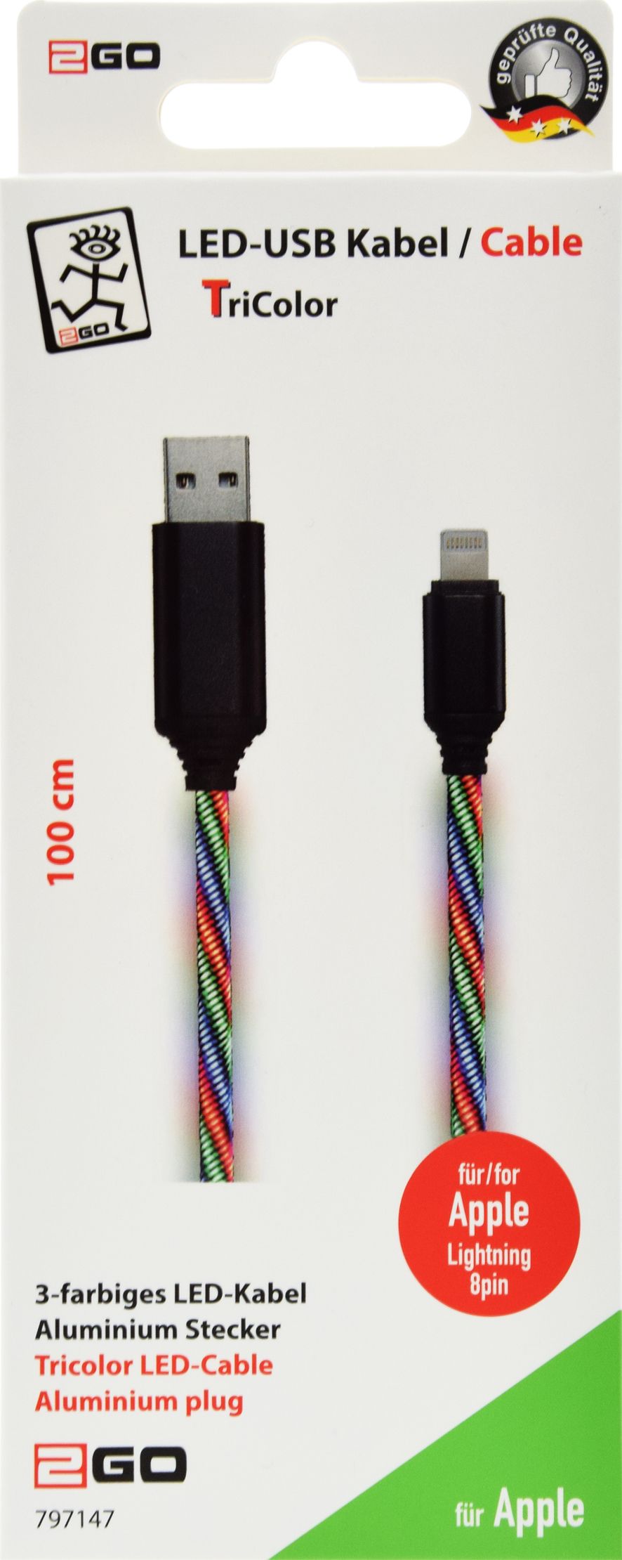 2GO USB Datenkabel "Tricolor" LED-Beleuchtung Lightning 1m
