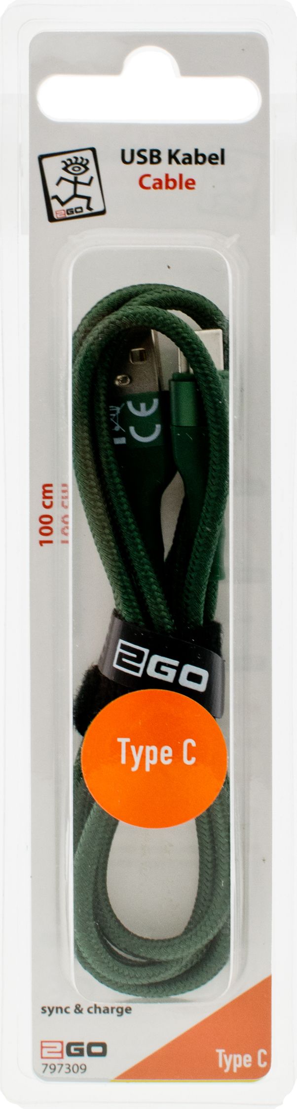 2GO USB Lade-/Datenkabel USB-A - Type C Nylon 1m grün