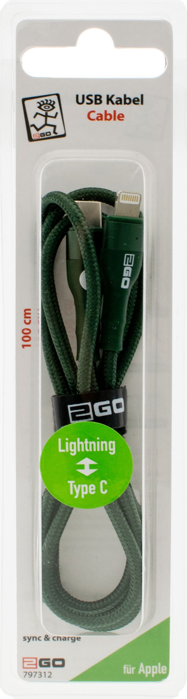 2GO USB Lade-/Datenkabel Type C - Lightning  Nylon 1m  grün