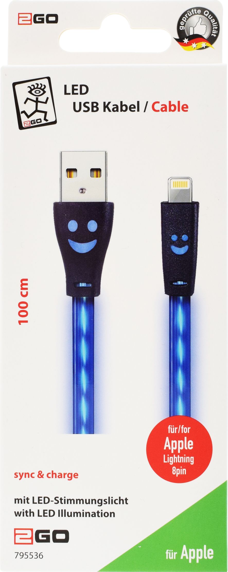 2GO USB Lade-/Datenkabel lightn. m.bl. LED-Beleuchtung  1m