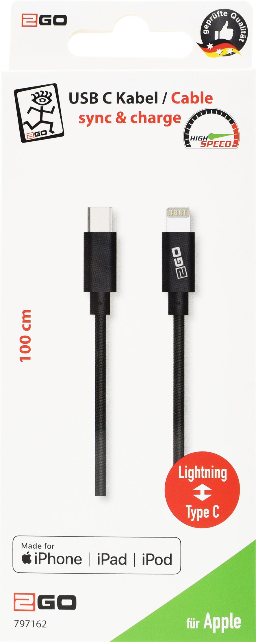 2GO Datenkabel lightning-USB Type-C anthrazit-1m MFI zert