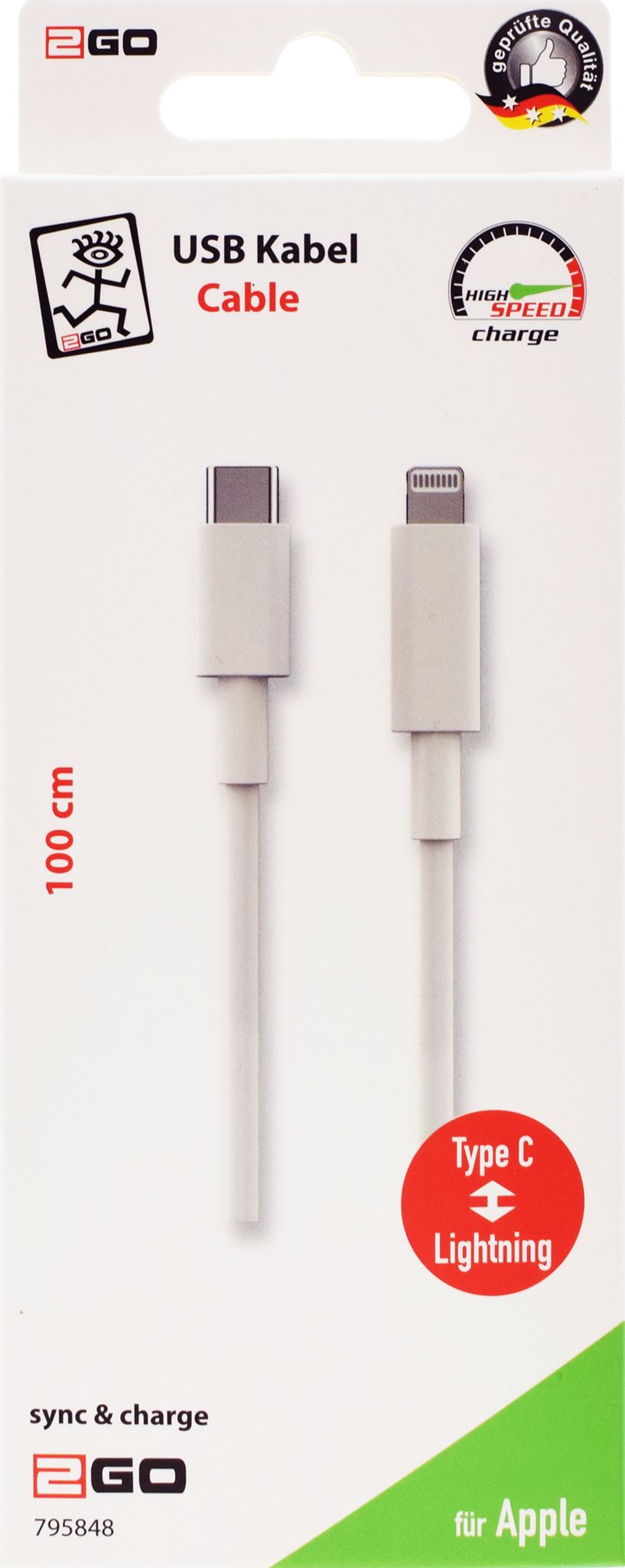 2GO USB Datenkabel Type-C 3.1 auf Lightning  1m  weiß