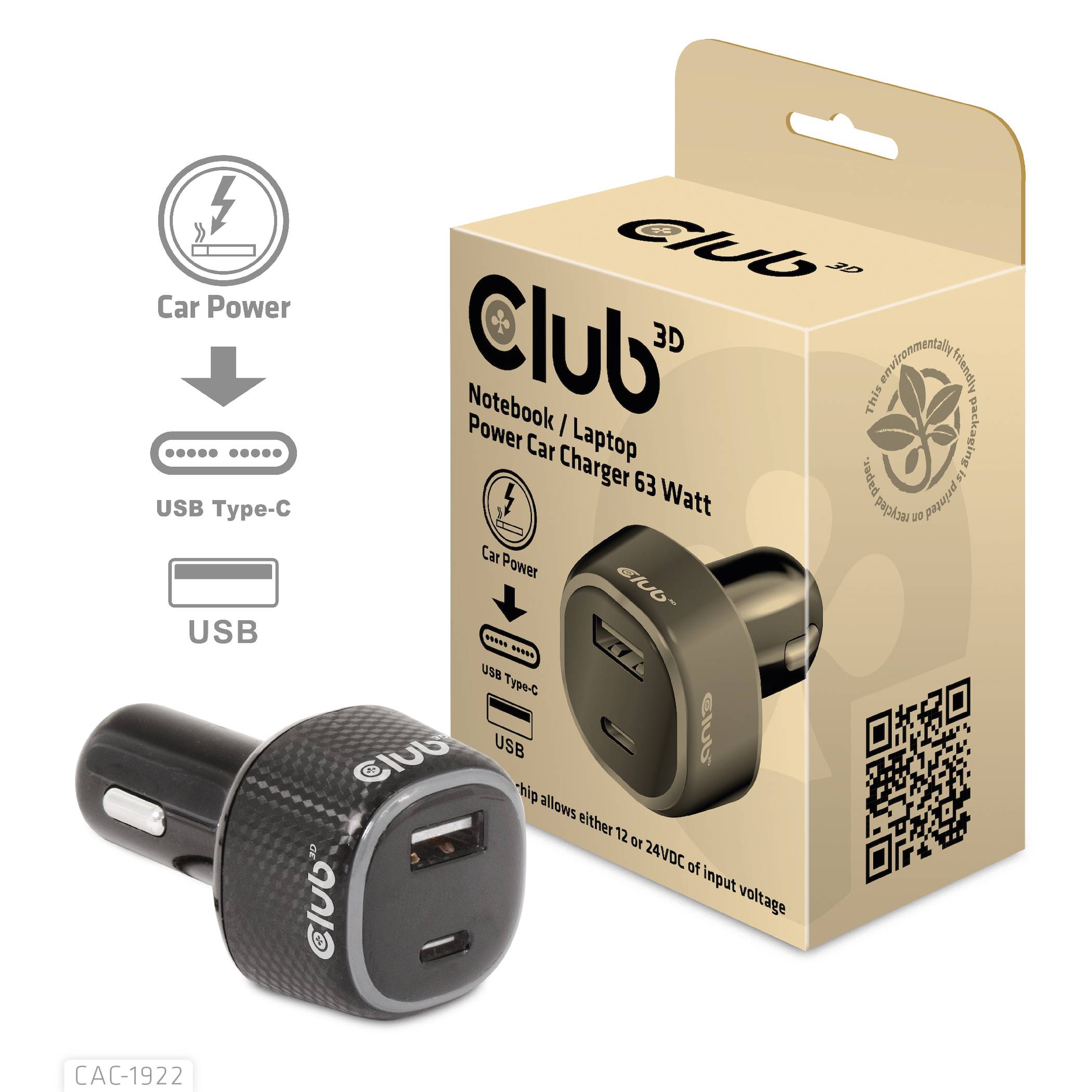 Club3D USB KFZ-Ladegerät 1xUSB C, 1xUSB A, 63W,  12/&shy;24V retail