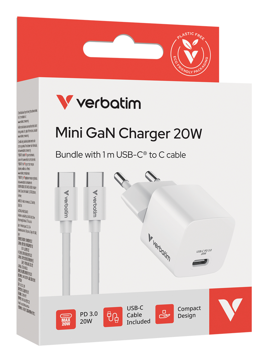 Verbatim Mini GaN Charger 20W EU with 1m USB-C to USB-C cab.