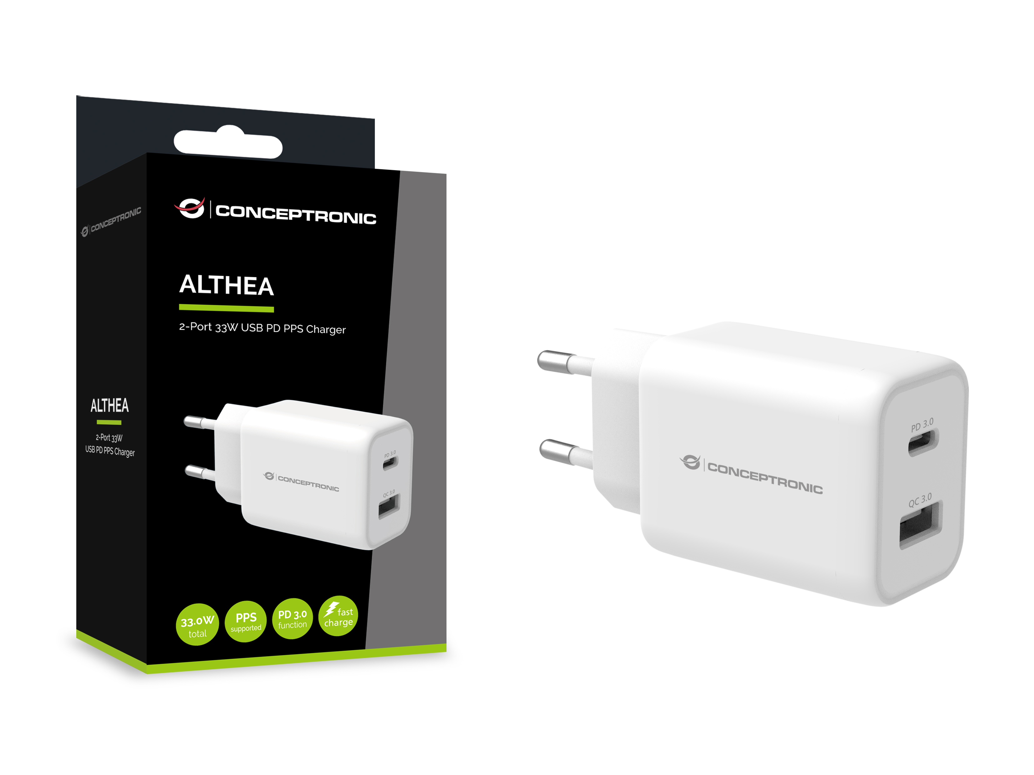 Conceptronic ALTHEA 2-Port 33W USB PD-PPS-Ladegerät, QC 3.0