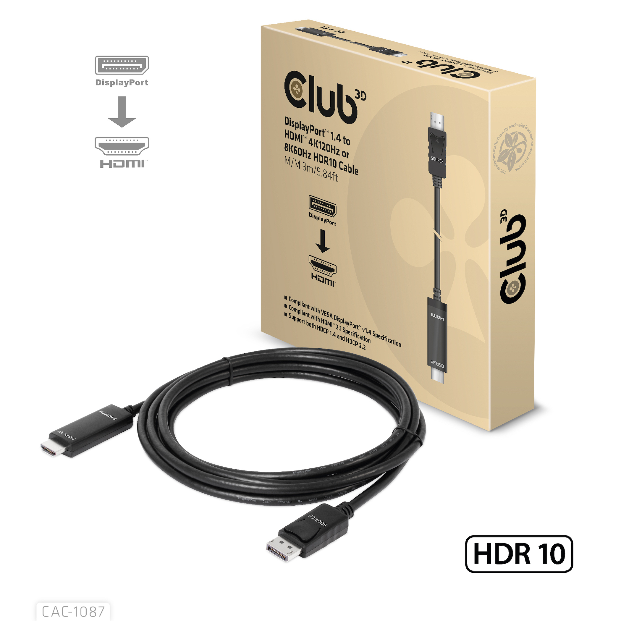 Club3D Kabel DisplayPort 1.4 > HDMI HDR 8K60Hz aktiv 3m retail Club3D Kabel DisplayPort 1.4 > HDMI HDR 8K60Hz aktiv 3m retail