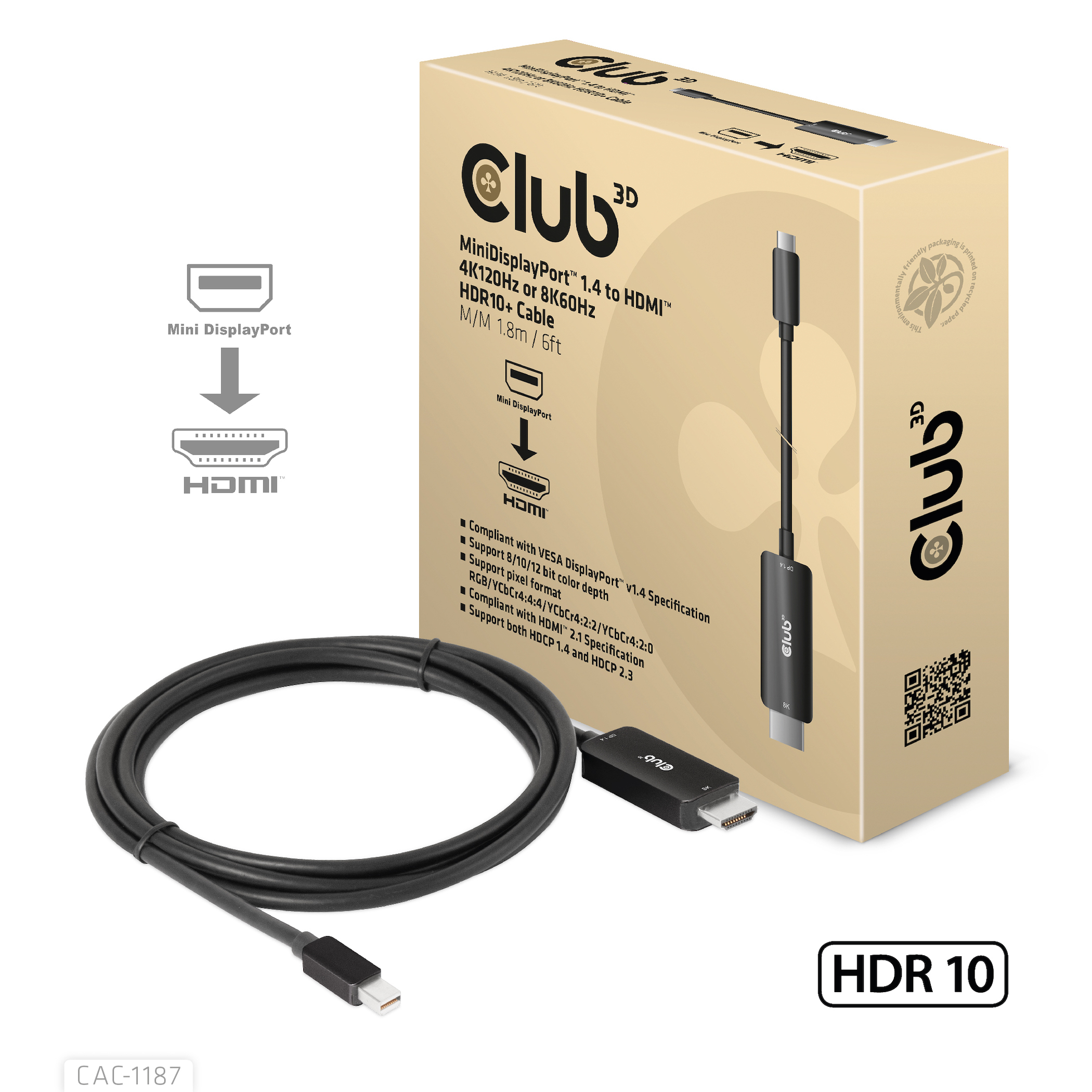 Club3D Kabel   MiniDP 1.4 > HDMI           1,8m 8K60Hz St/&shy;St ret