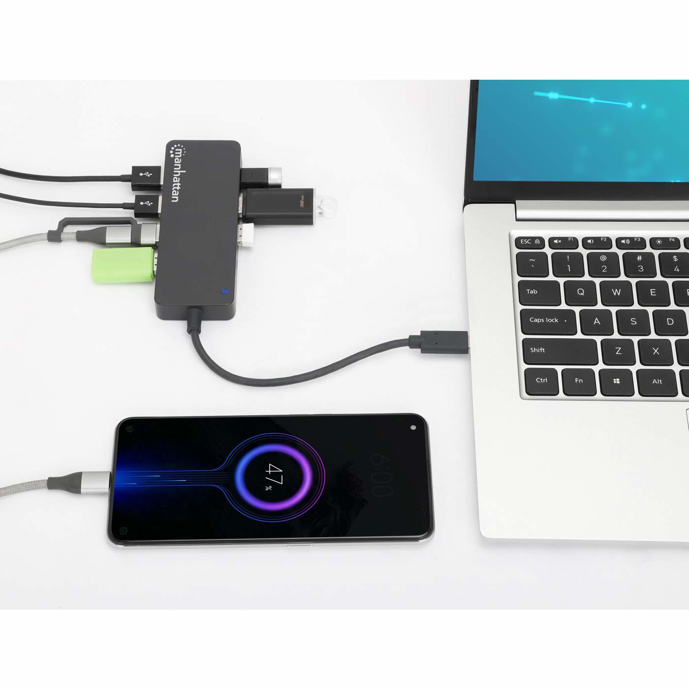 MANHATTAN 7-Port USB Hub C-Stecker A-Buchse 5Gbit/s schwar