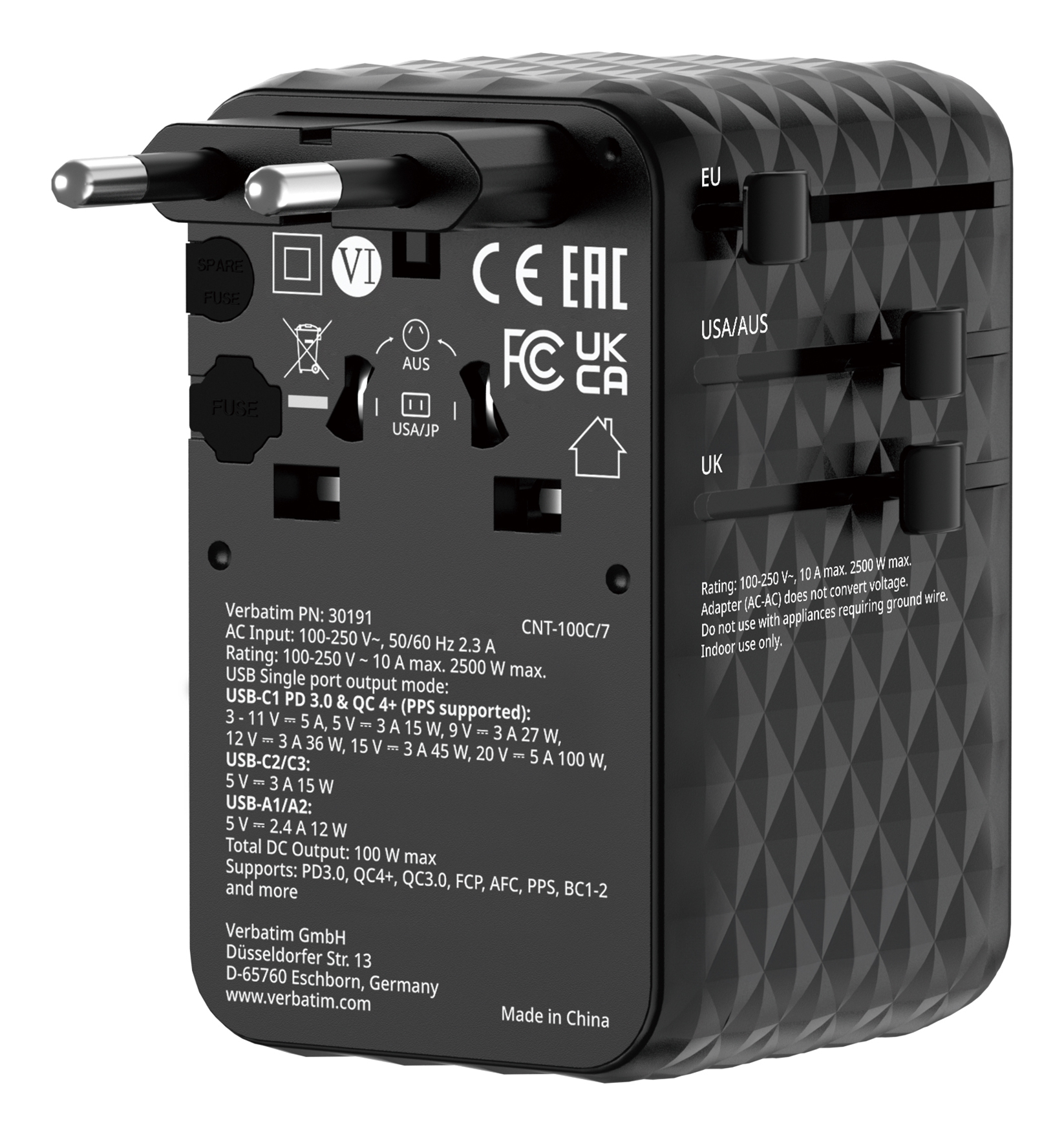 Verbatim Charge'n'Travel Adapter 100W 1C retractable black Verbatim Charge'n'Travel Adapter 100W 1C retractable black