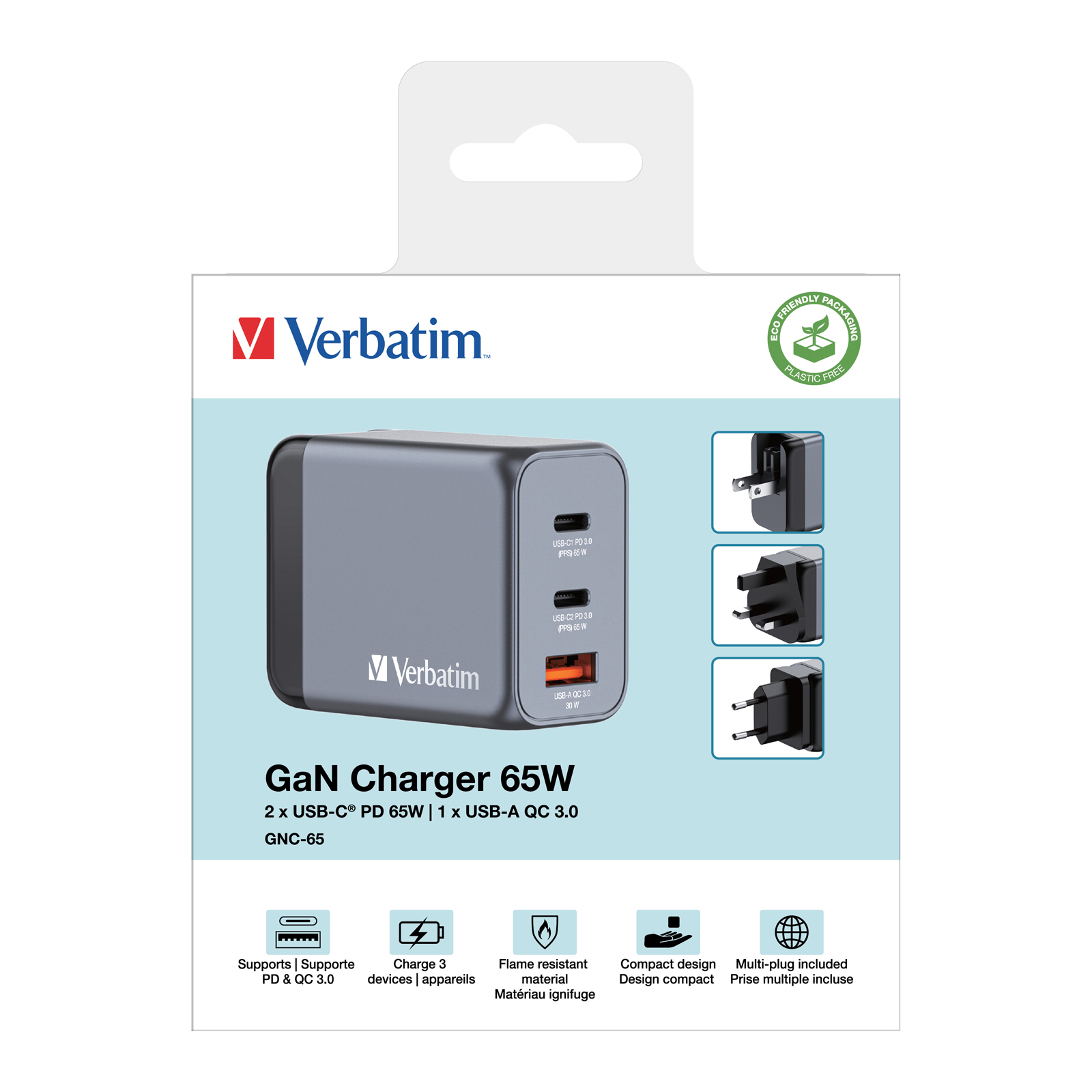Verbatim GNC-65 GaN Charger 3 Port 65W USB A/C (EU/UK/US) Ladegerät