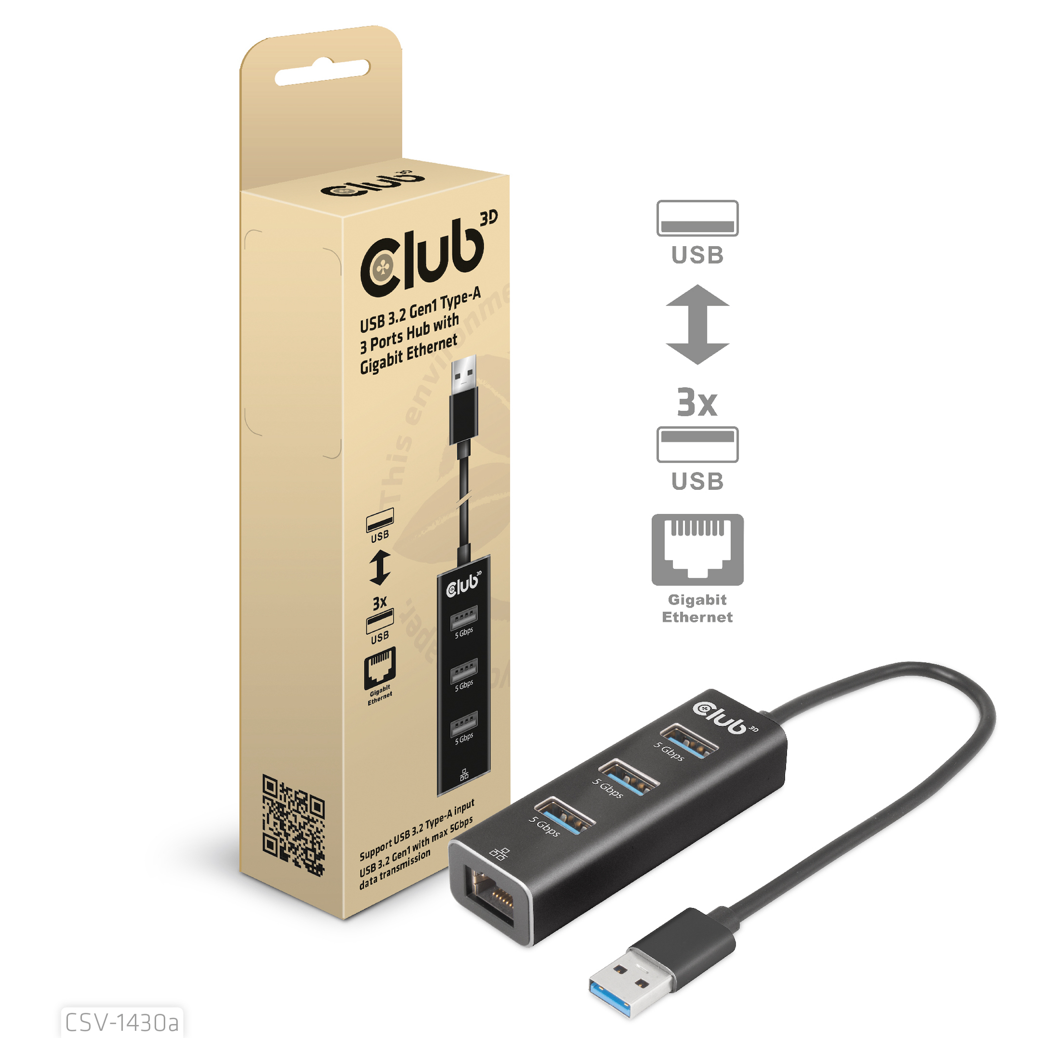 Club3D Adapter USB 3.2 Typ A > 3x USB 3.2 Typ A/&shy;LAN retail