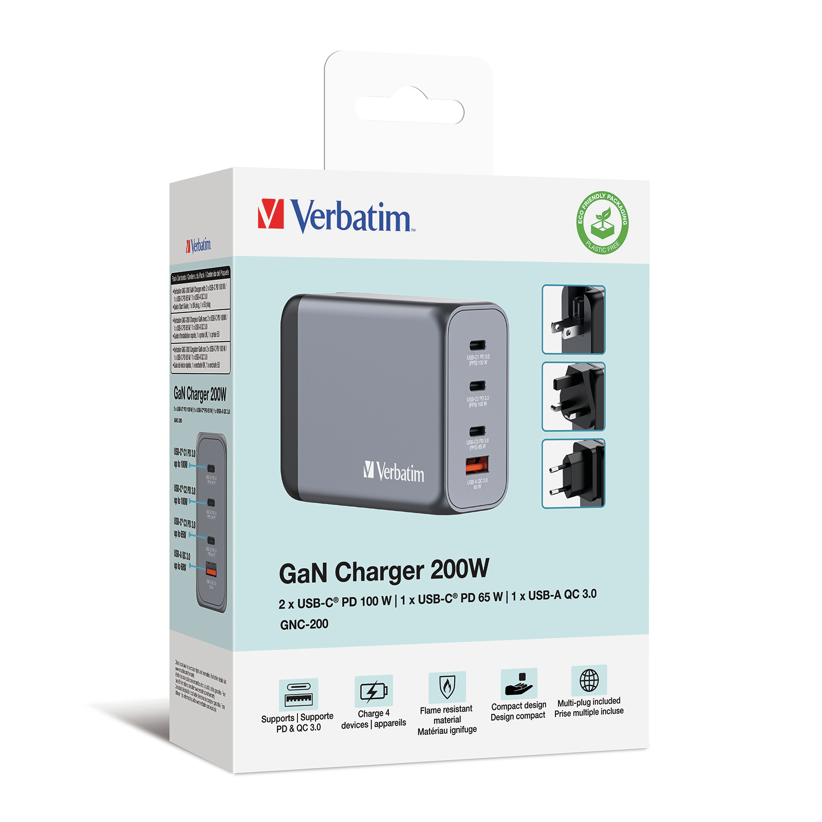 Verbatim GNC-200 GaN Charger 4 Port 200W USB A/C (EU/UK/US