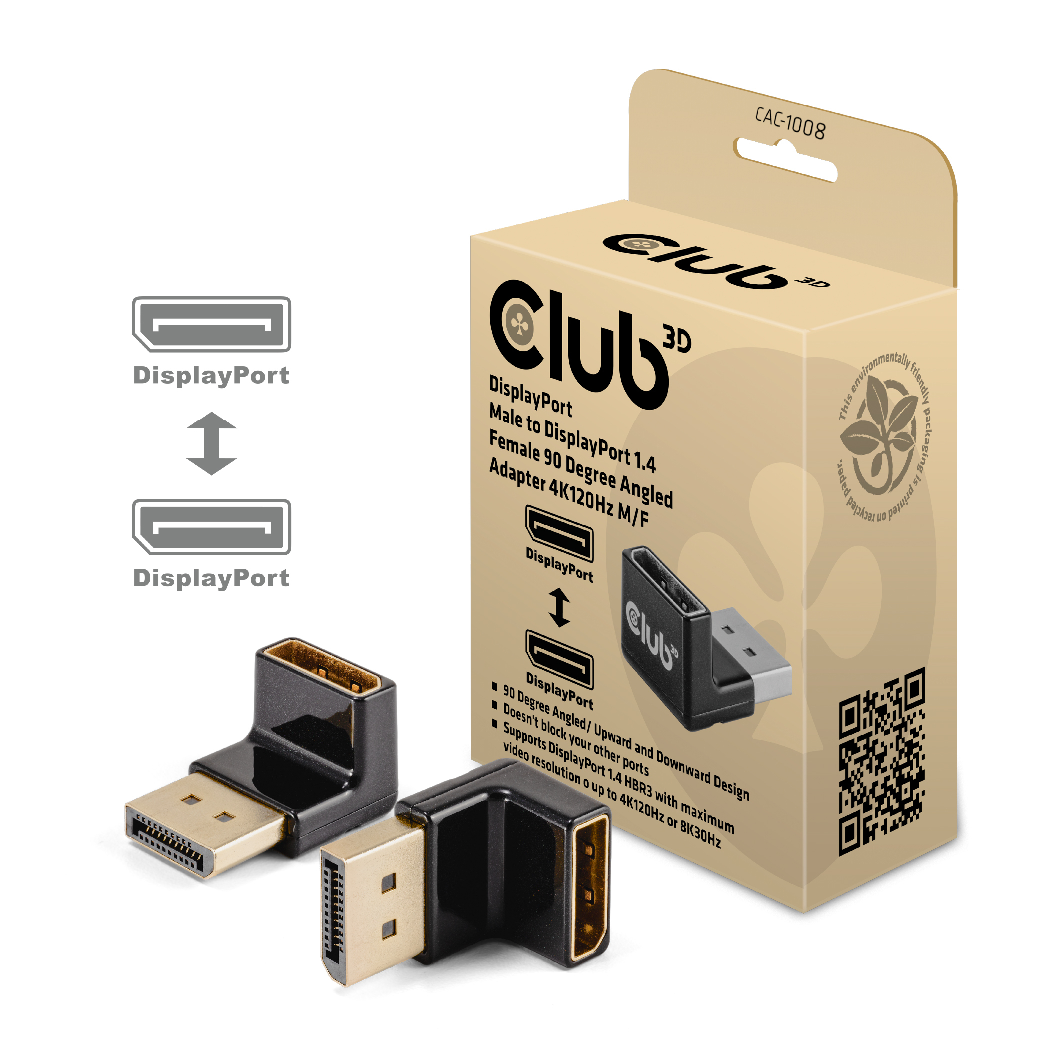 Club3D Adapter DP > DP 1.4 90° abgewinkelt 4K@120Hz St/­Bu ret Club3D Adapter DP > DP 1.4 90° abgewinkelt 4K@120Hz St/­Bu ret