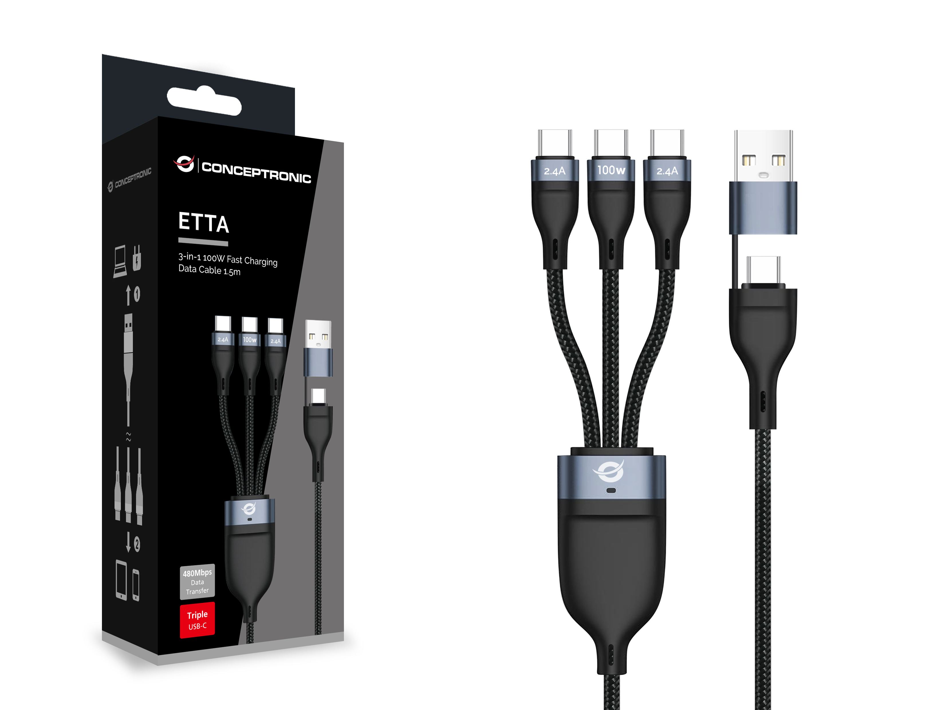 CONCEPTRONIC Kabel USB-C/-A2.0->3xUSB-C 480Mbs 1.50m sw