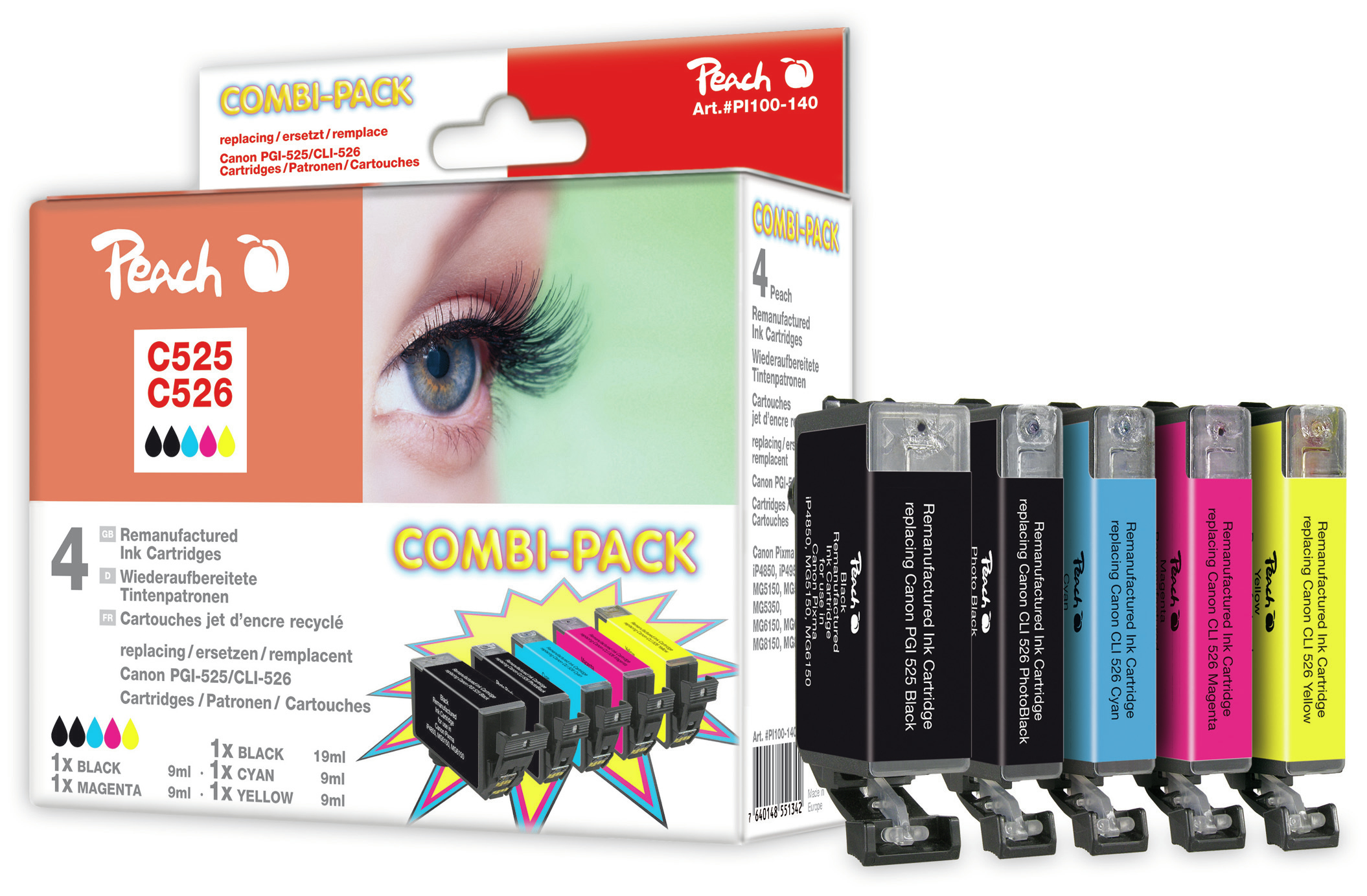 Peach Patrone Canon PGI-525/CLI-526 MultiPack bk,pbk,m,c,y remanufactured