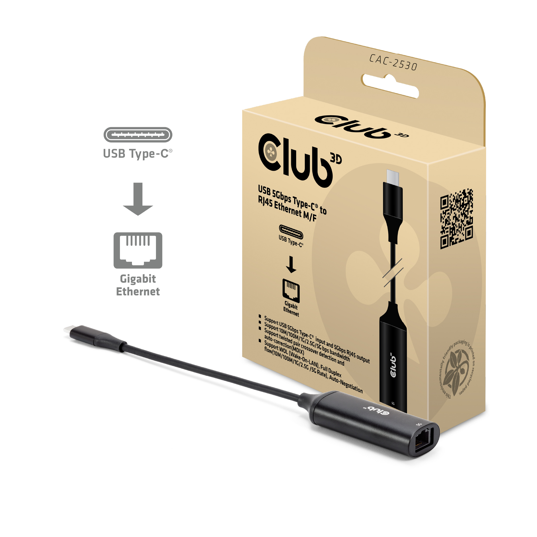 Club3D Adapter USB-C > RJ45 5Gbps St/­Bu retail Club3D Adapter USB-C > RJ45 5Gbps St/­Bu retail