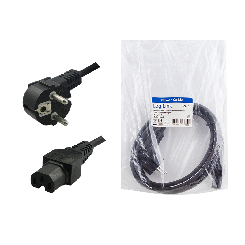 Logilink Warmgeräte Netzkabel Schukon.90° auf C15 gerade,2m