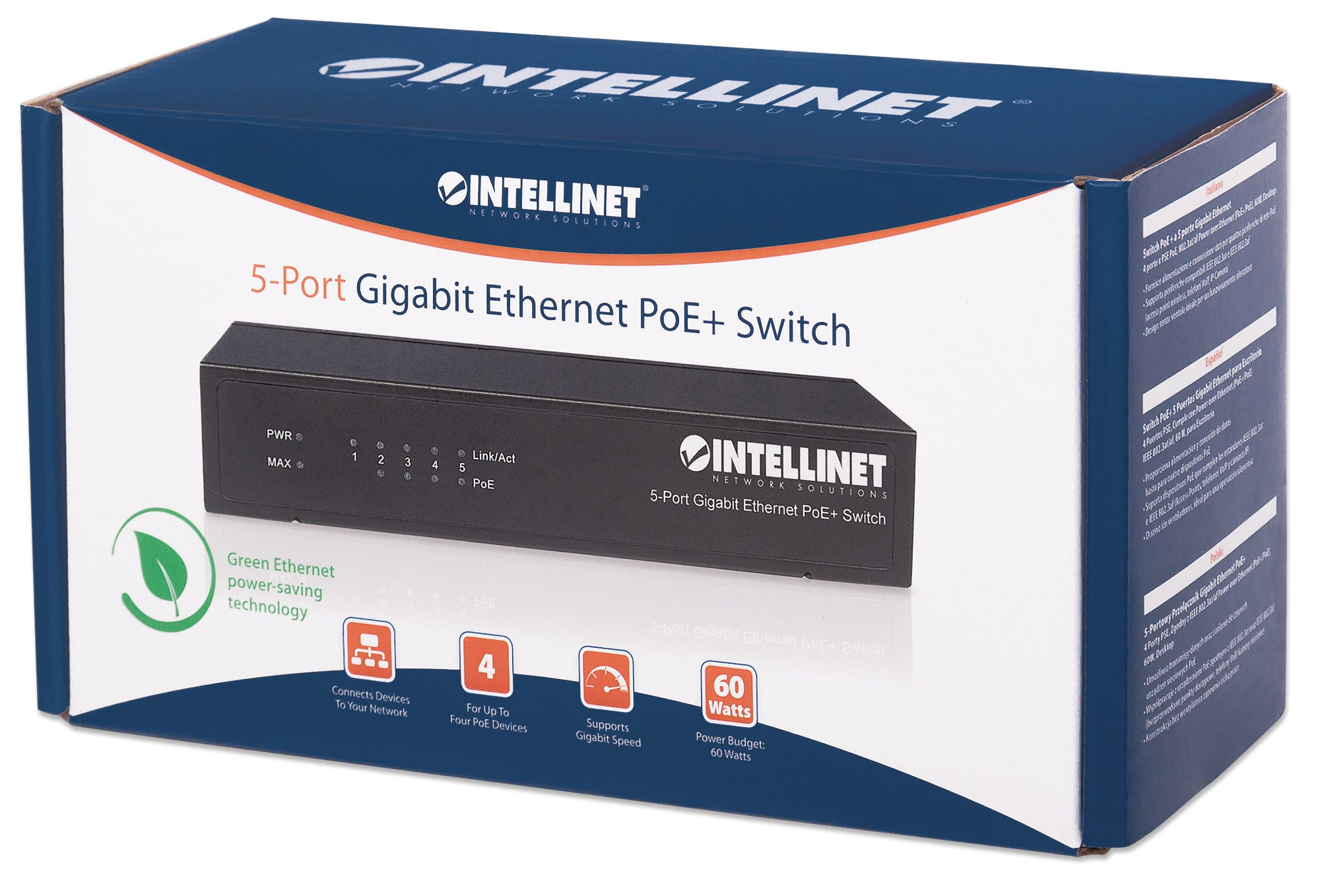 INTELLINET PoE+ Switch 5-Port Gigabit Ethernet 60W Desktop