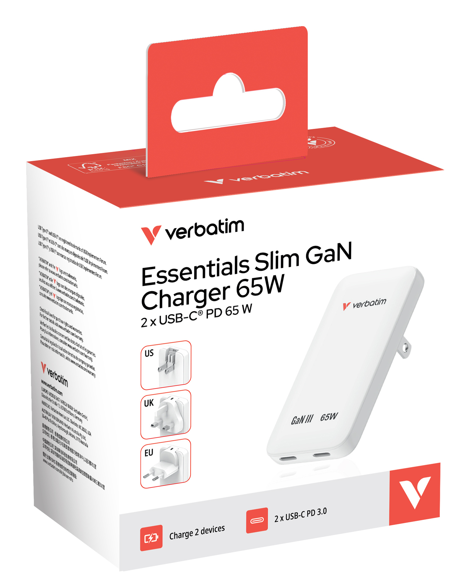 Verbatim Slim GaN Charger 2 Port 65W (EU/UK/US) White