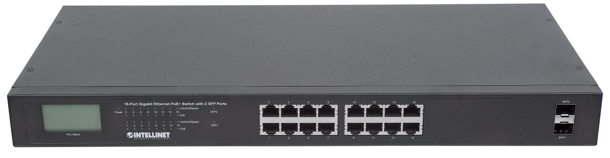 INTELLINET Switch 16-Port Gigabit PoE+ LCD-Anzeige 19