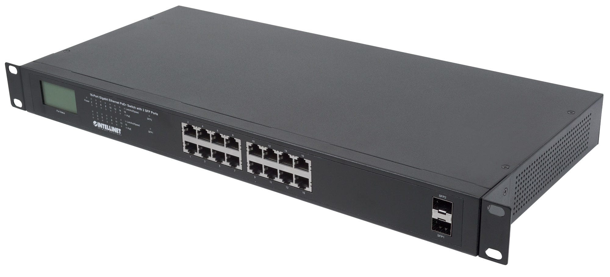 INTELLINET Switch 16-Port Gigabit PoE+ LCD-Anzeige 19