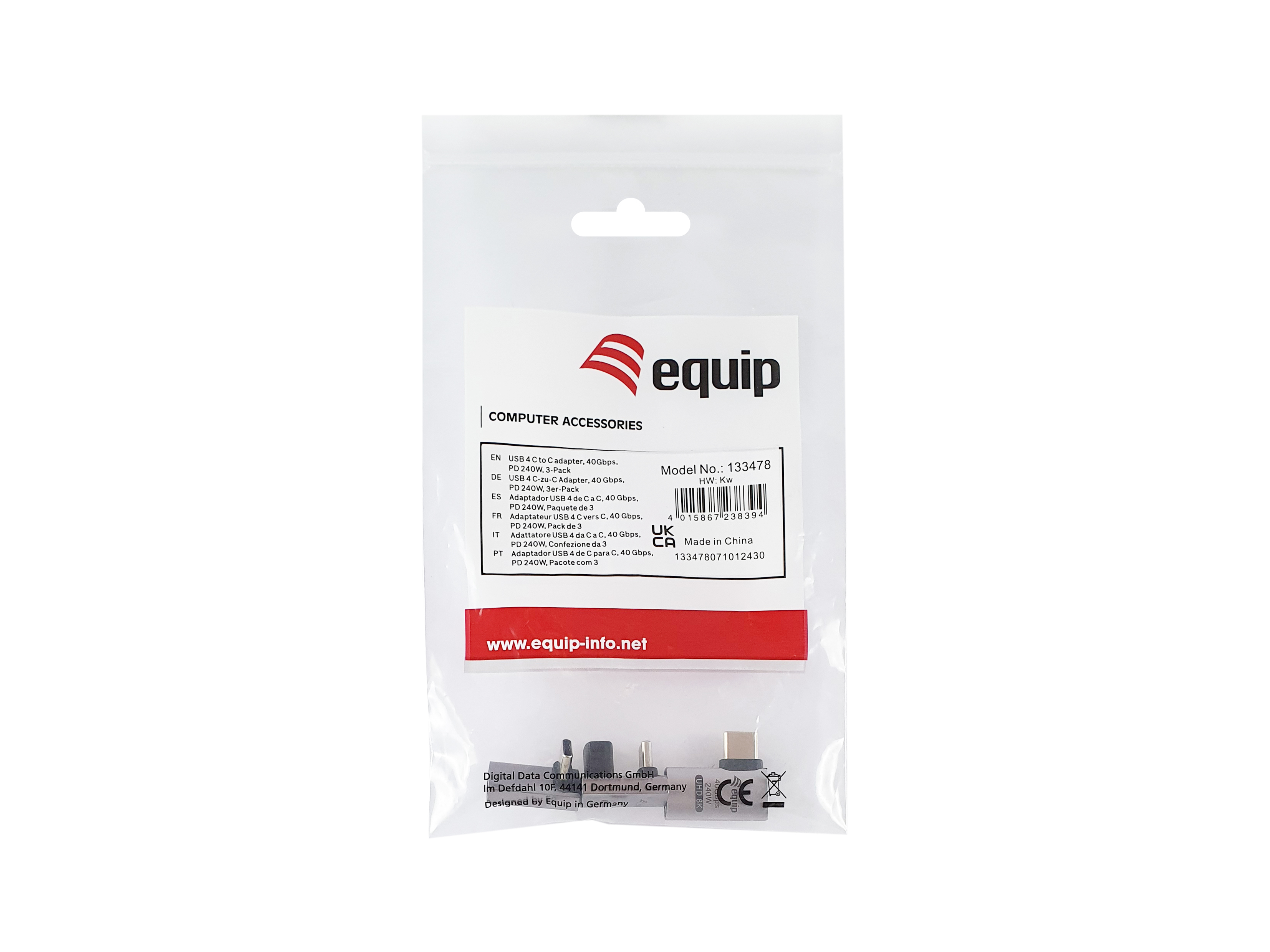 Equip Adapter USB-C->USB-C 180°          40Gbps PD 240W 3Stk