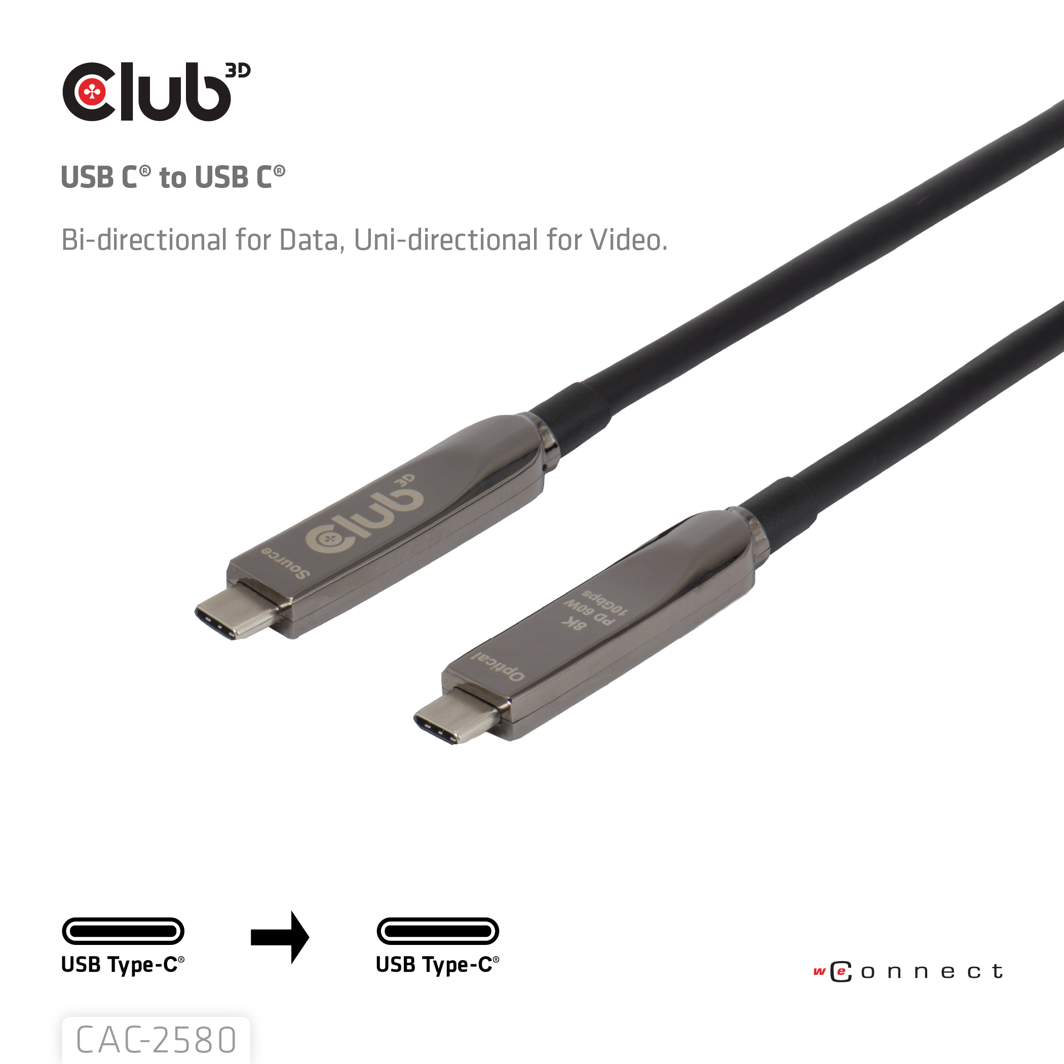 Club3D USB-C AOC-Kabel 8K/ 10Gbps/ 60W 15m St/St