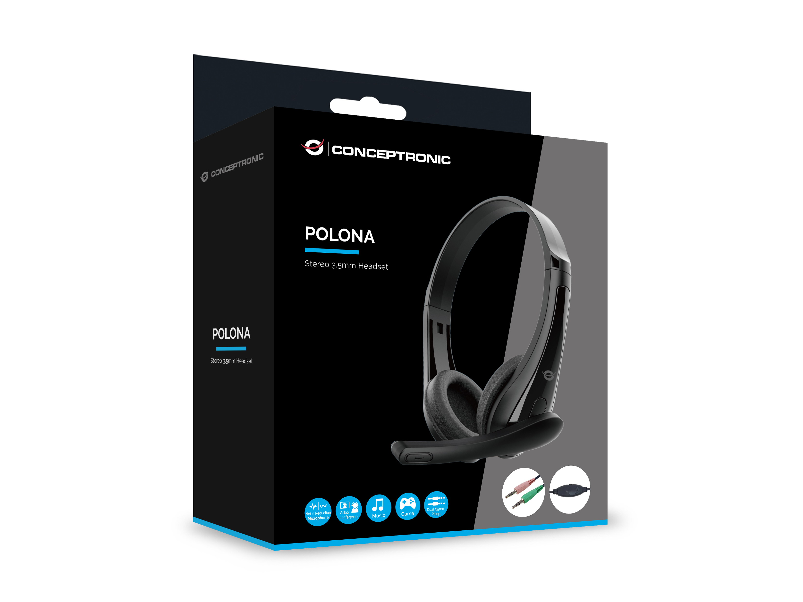 CONCEPTRONIC Headset Stereo AUX/Mikro/Bedien. 1.80m sw