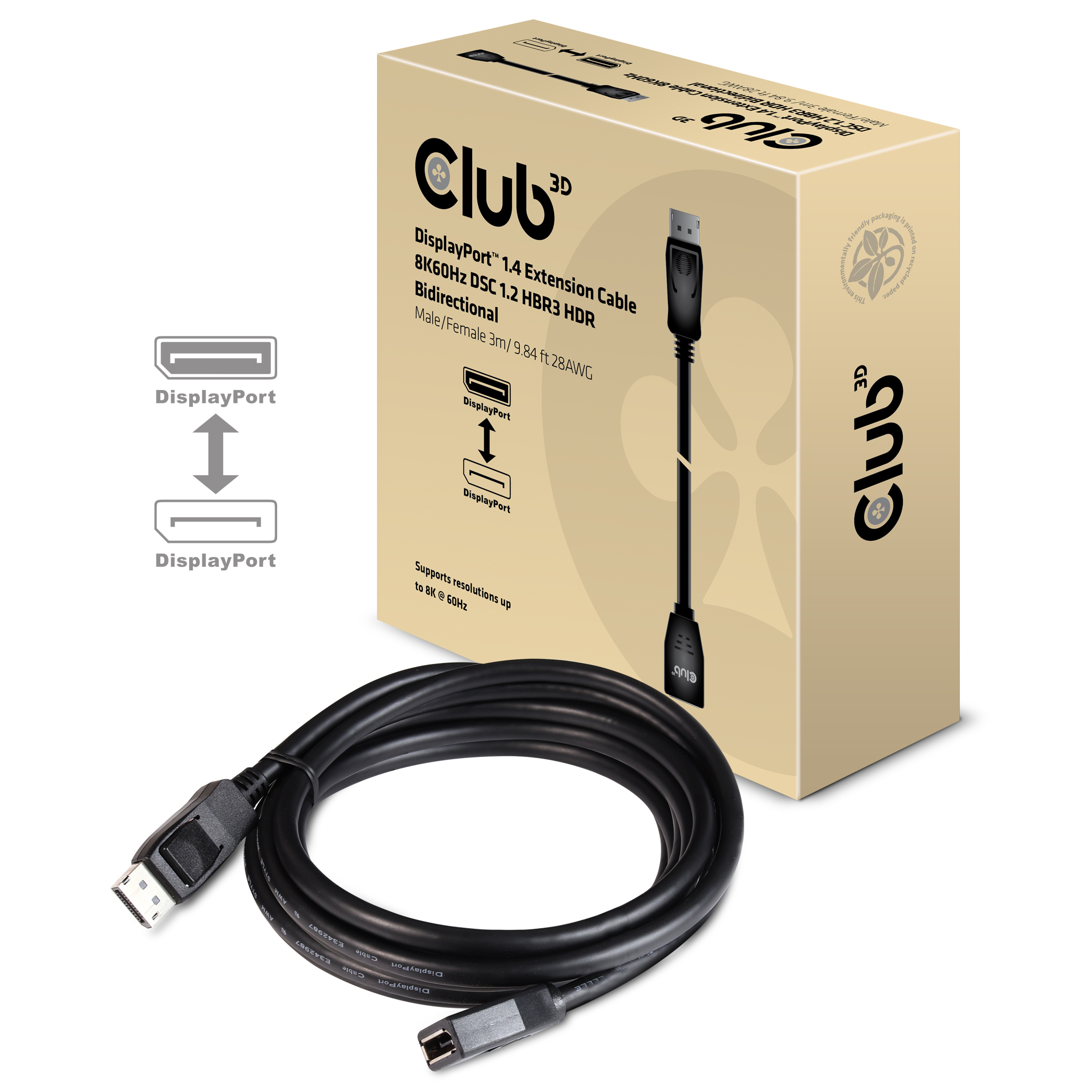 Club3D DisplayPort-Kabel 1.4 Verlängerung    3m 8K60HZ St/&shy;Bu ret