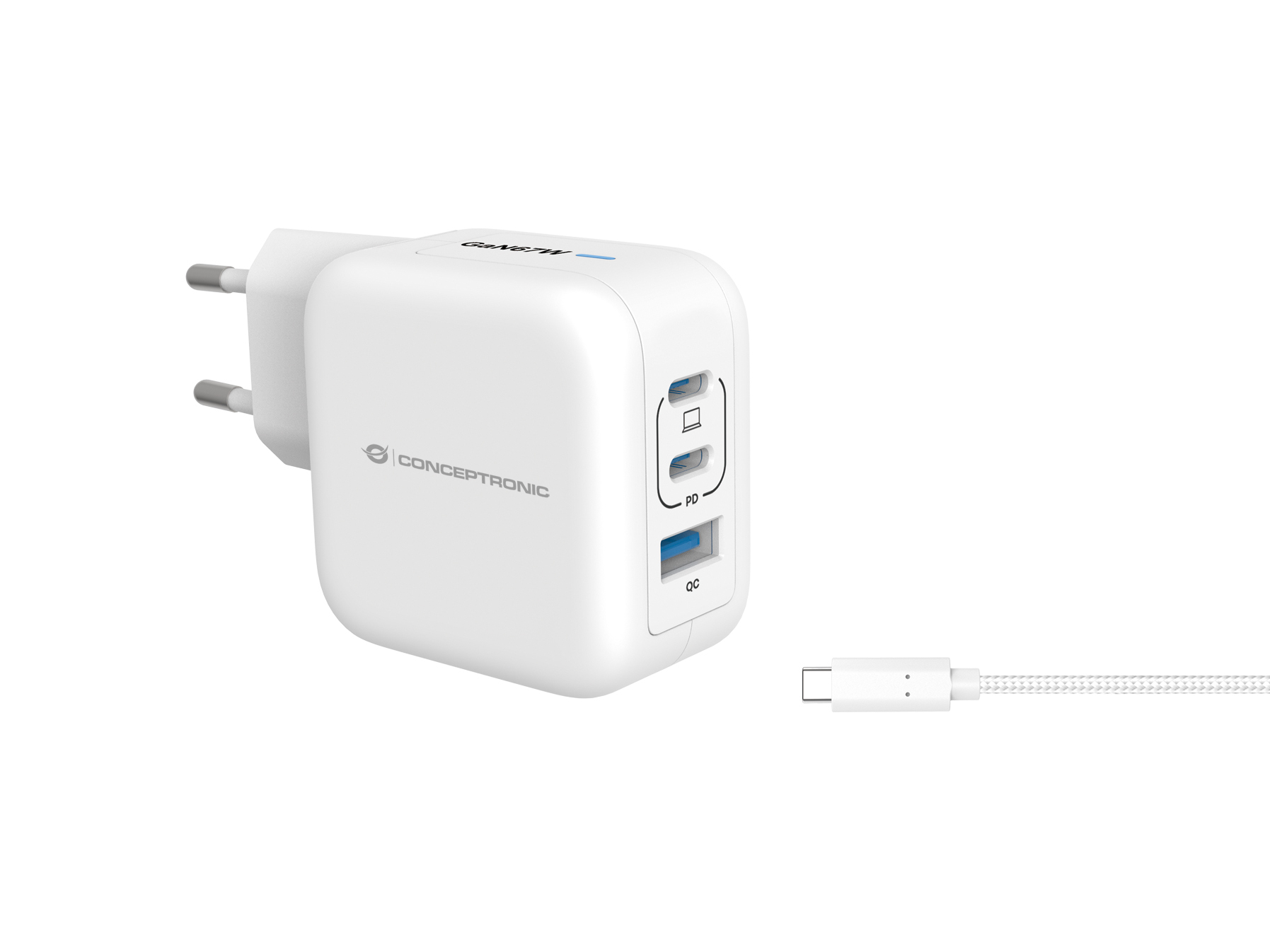 CONCEPTRONIC Ladegerät 3Port GaN 2xUSB-C/&shy;1xA 67WPD3.0/&shy;PPS ws