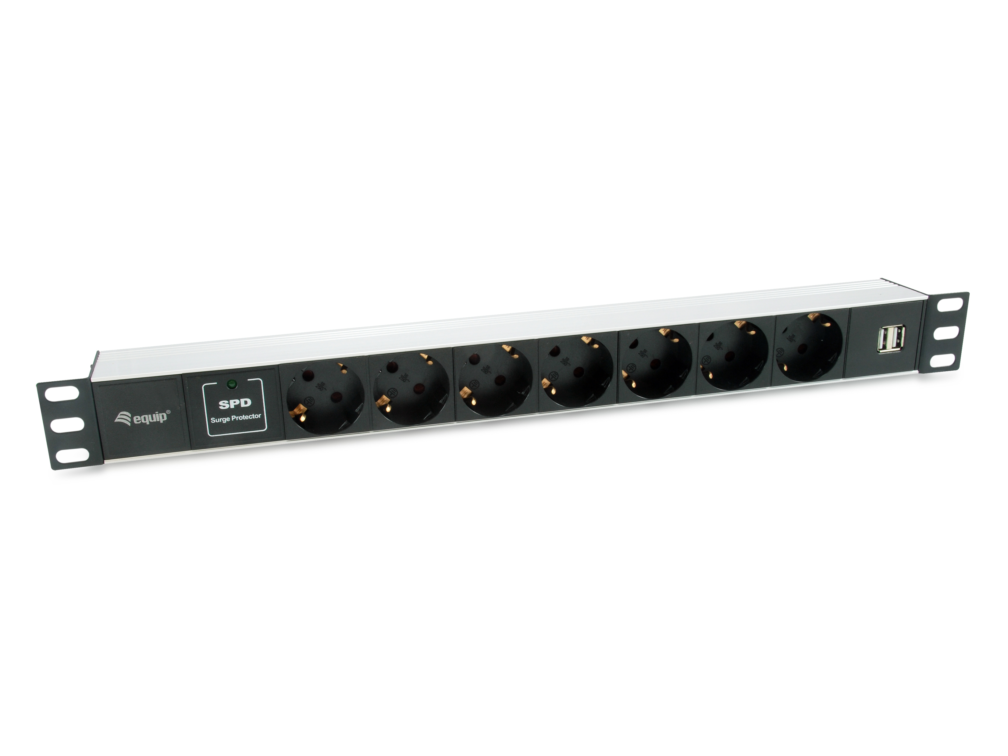 Equip 19" Steckdosenleiste 7xSchuko/­2xUSBA->St.90°ÜSS Alu. Equip 19" Steckdosenleiste 7xSchuko/­2xUSBA->St.90°ÜSS Alu.