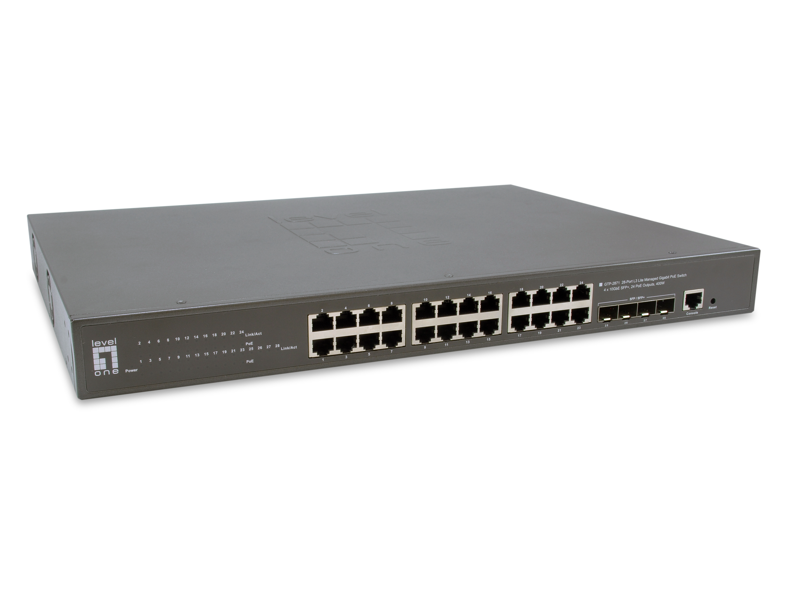 LevelOne PoE+Switch 24xGE PoE/&shy;4x10GSFP+ 400W 19" Managed L3