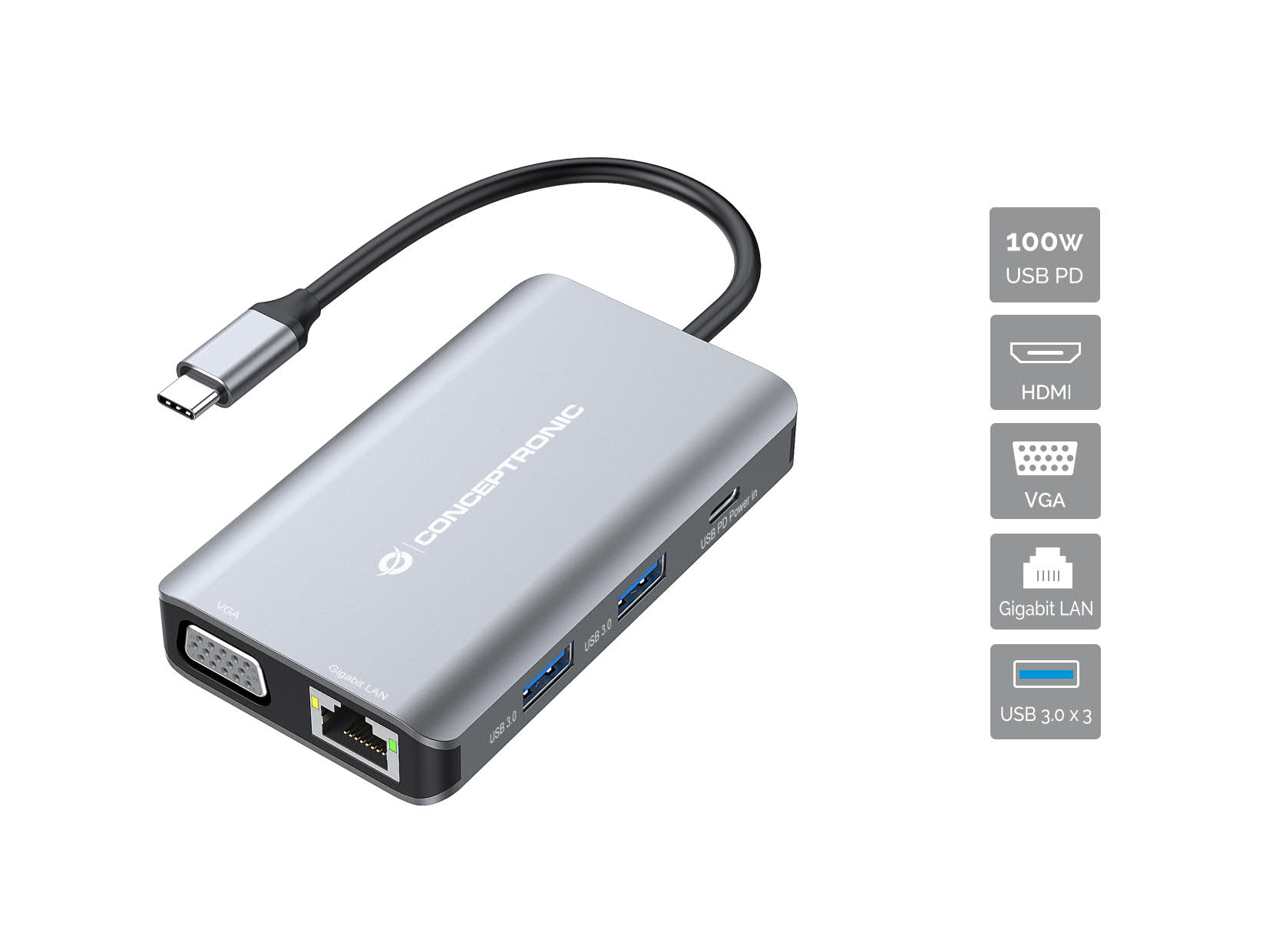 CONCEPTRONIC  7-1 Dock USB-C->HDMI/&shy;3xUSB-A/&shy;VGA/&shy;+     25cm gr